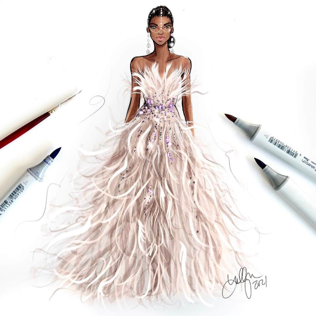 Holly Nicholsさんのインスタグラム写真 - (Holly NicholsInstagram)「Feathered magic from @eliesaabworld. Process/tutorials in my stories! ♥️🎨 #eliesaab #eliesaabcouture #couture #fashionillustration #copicmarkers #copic #illustration #sketch」2月21日 23時59分 - hnicholsillustration