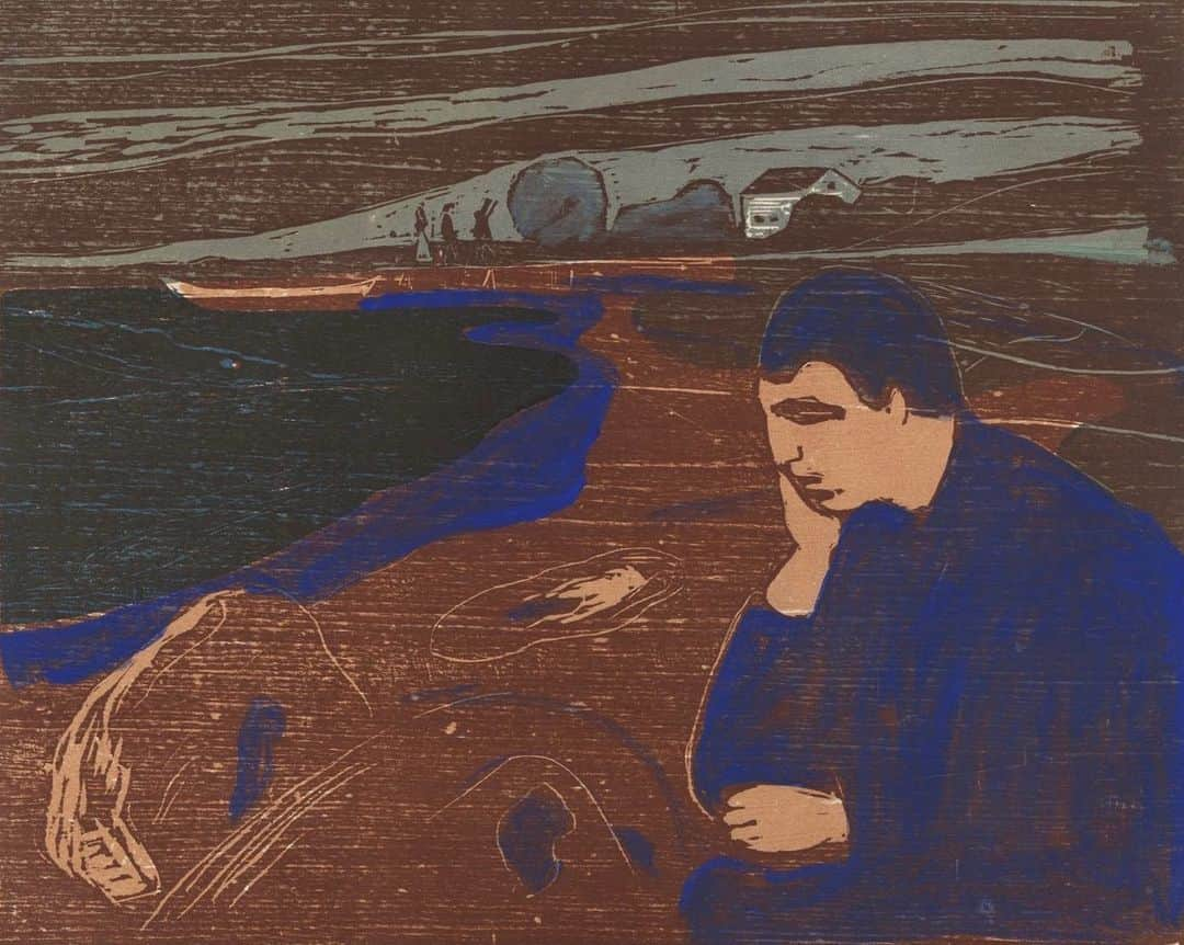 ニューヨーク近代美術館のインスタグラム：「When the Sunday Scaries hit...  The Norwegian artist Edvard Munch channeled intense angst into his woodcuts.  “Wood is something that is alive,” the artist stated, and he saw the material as a source of primal energies to be released through carving.  Beat the Sunday scaries with a visit to MoMA, and see this work and more by Munch in Gallery 501: 19th-Century Innovators. — Edvard Munch. “Melancholy III (Melankoli III).” 1902. Woodcut with gouache additions. © 2021 The Munch Museum / The Munch-Ellingsen Group / Artists Rights Society (ARS), New York #MoMACollection #EdvardMunch #woodcut #printmaking #SundayScaries @munchmuseet.no」