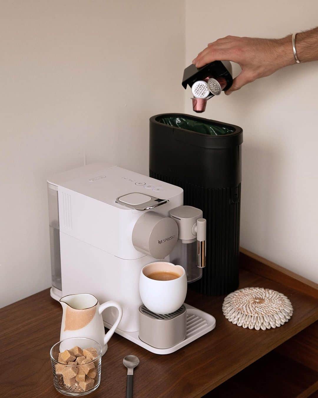 Nespressoのインスタグラム：「We all have our coffee routines.   Elevate yours by helping us create new and elegant products from recycled aluminium.   Bring your used capsules in your portable recycling bin to your nearest Nespresso boutique, and help the magic of re-re-re-re-recycle happen.   📷 : @dennisvanpeel  #Nespresso #CoffeeBreak #SustainableCoffee」