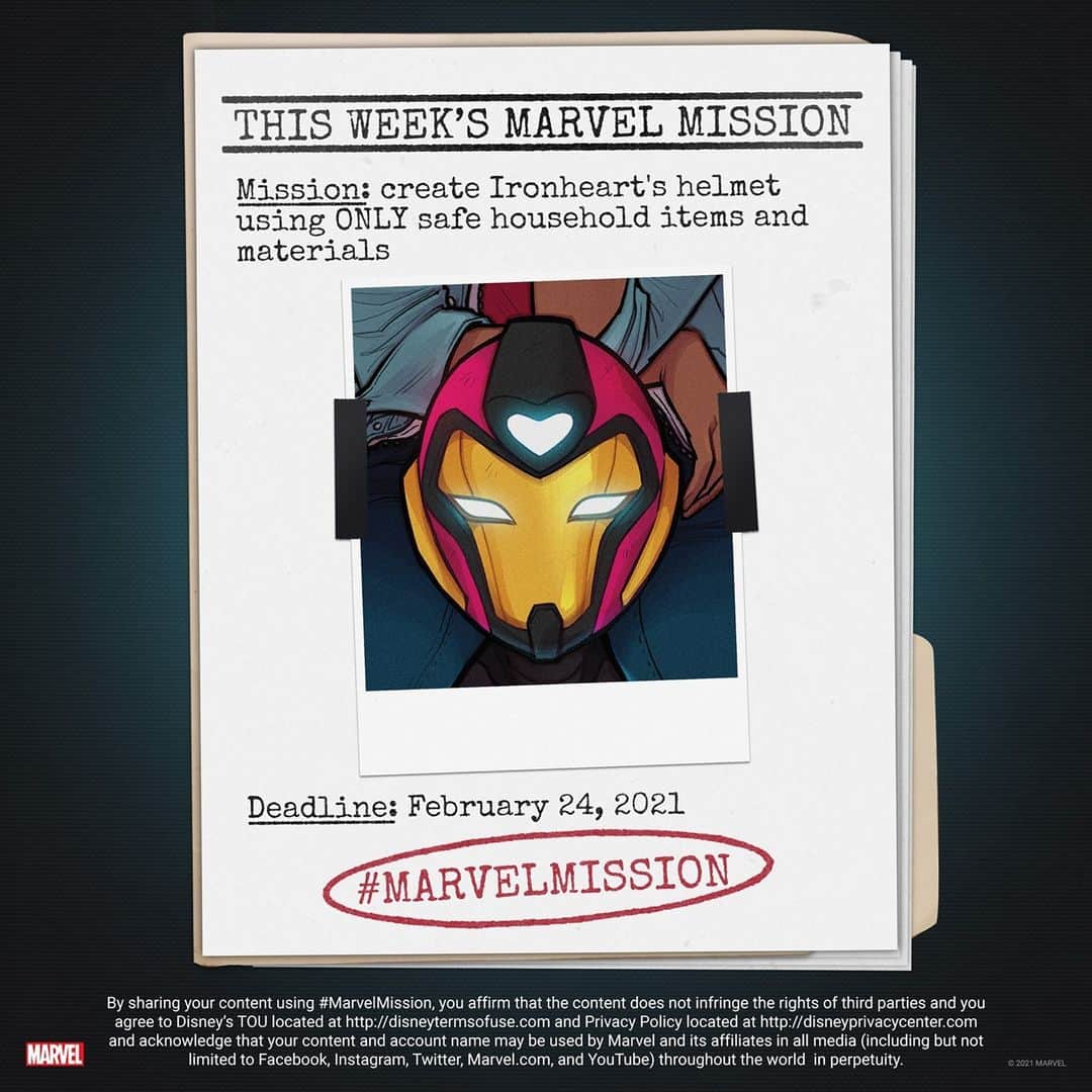 Marvel Entertainmentさんのインスタグラム写真 - (Marvel EntertainmentInstagram)「YOUR NEXT MISSION: Create Ironheart's helmet using ONLY safe household items and materials.  You have until Wednesday, February 24 to complete your task. Post your photo or video here with the #MarvelMission hashtag for the chance to be featured in our round-up of favorites!」2月22日 11時29分 - marvel