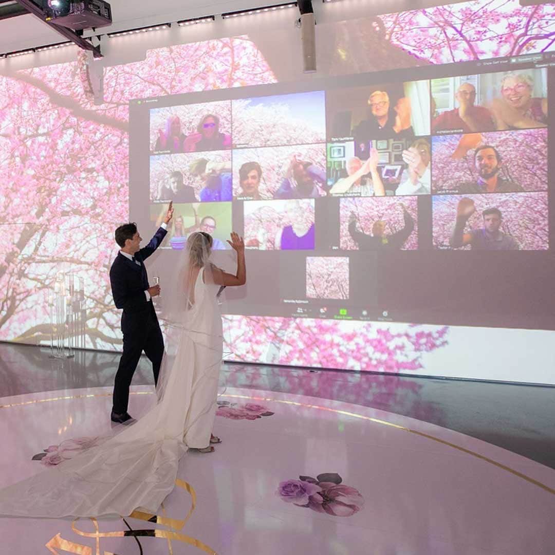 Ceci Johnsonのインスタグラム：「Thank you @crateandbarrel !! #regram "Throwing a virtual wedding? Check out Madeline & David’s magical ceremony that transported the couple and virtual guests to a cherry blossom orchard. 🌸 Lush pink blossoms were projected across the walls, while two cameras shot the wedding ceremony from every angle for guests tuning in from afar. Madeline’s brother was even able to give a virtual toast while projected on the wall opposite other virtual guests, so everyone could enjoy his well wishes. 🥂 Pro tip from the couple: In advance of the wedding, send each guest a gift box filled with a wedding program, mini cake, and bottle of Champagne for many happy toasts. Get our picks to achieve their ceremony style at the link in bio. Credits: @partyslate, @cecinewyork @andremaierphoto, @stillwelleventsnyc, @adamleffelproductions, @lavan54 @thomaspretieventstosavor  #VirtualWedding #VirtualWeddingCeremony #VirtualWeddingIdeas #WeddingIdeas #VirtualWeddings #WeddingInspiration #CherryBlossoms #RomanticWedding」