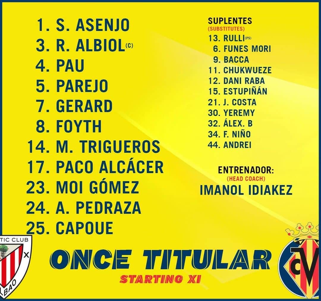 ビジャレアルCFのインスタグラム：「¡Nuestro 1️⃣1️⃣ inicial para San Mamés 💪!  Our starting 1️⃣1️⃣ for San Mamés 💪!  #villarreal #futbol #football #soccer #laliga」