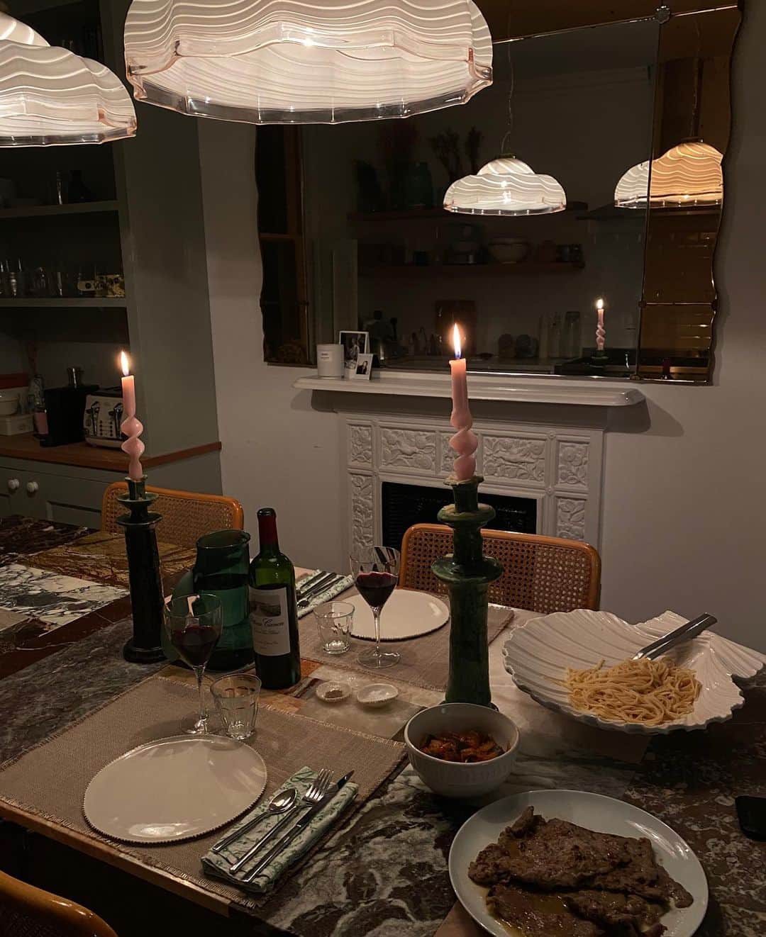 Camille Charriereのインスタグラム：「The only kinda manspread you won’t hear me complaining about (he’s been perfecting his scaloppine al limone all lockdown, but was not expecting the tablescaping 🥲💍)」