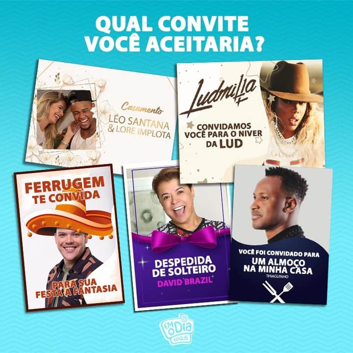 Rádio FM O Dia のインスタグラム：「Só pode aceitar um convite, hein! E aí, qual vai ser?  1 - Casamento do Léo Santana;  2 - Aniversário da Ludmilla;  3 - Festa a fantasia do Ferrugem;  4 - Despedida de solteiro do David Brazil;  5 - Almoço na casa do Thiaguinho.」