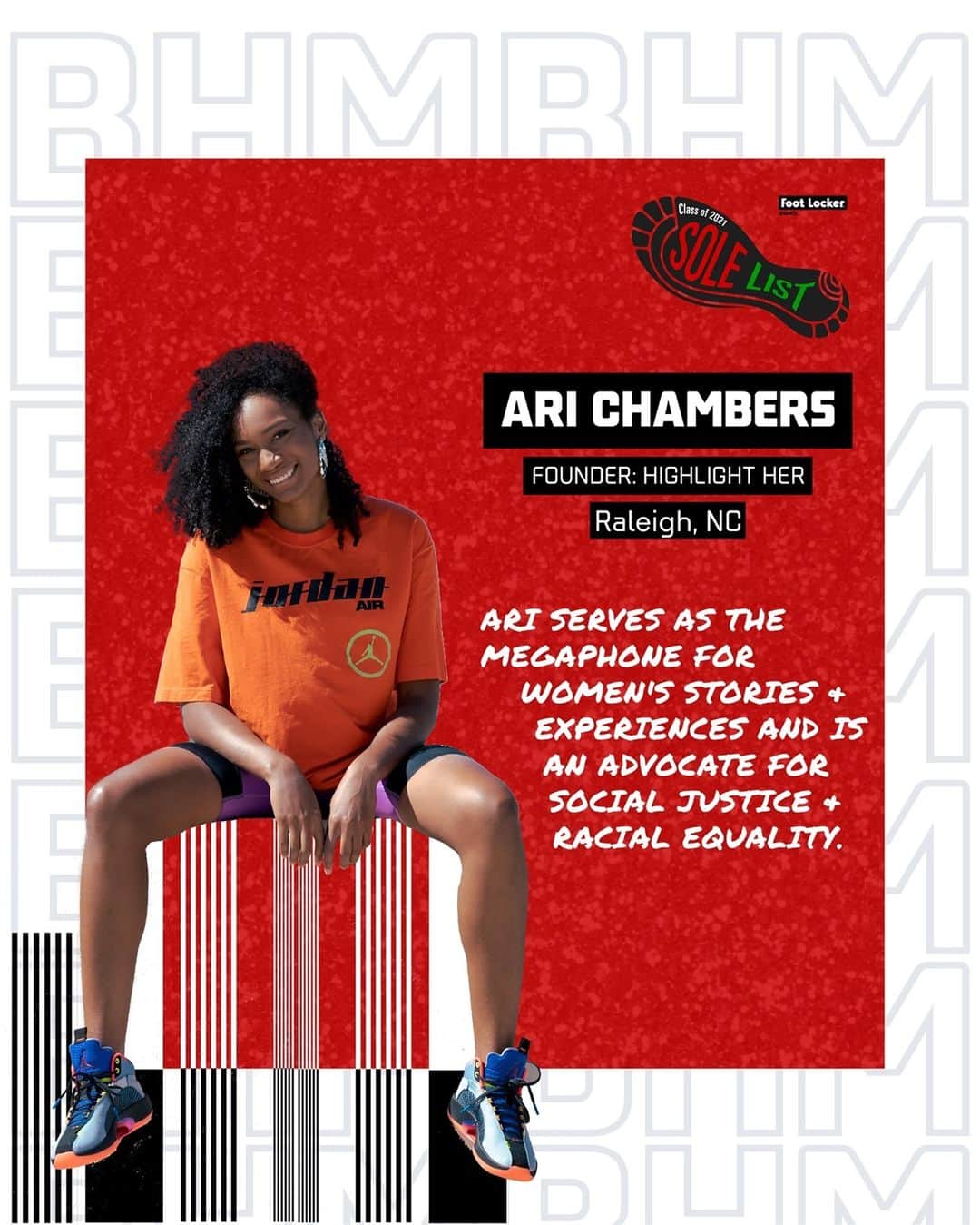 Foot Lockerのインスタグラム：「Today we celebrate Sole List honoree, Ari Chambers (@ariivory), the founder of Highlight Her, Bleacher Report’s platform for women that amplifies talented women emerging in music and sports culture, while also showcasing their efforts within their communities and their personal stories.   Join us in celebrating her and the rest of our Sole List Honorees.」