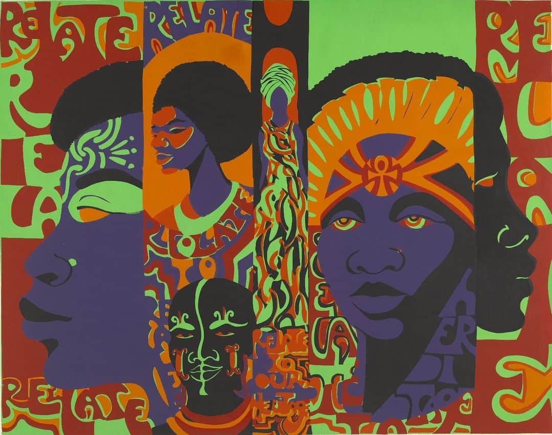 のインスタグラム：「Barbara Jones-Hogu is an artist best known for her political screen prints that combine text and images. In Relate to Your Heritage, Jones-Hogu encapsulates the aesthetic of the 1960s-70s Black Arts Movement, using bright colors to attract and relate to everyday people. She also incorporates African cultural imagery such as the Ankh (seen on the forehead of the woman to the right), which is a symbol of life originating from Ancient Egypt, and was adopted by the Black Power Movement to symbolize their connection to Africa. Jones-Hogu is remembered for contributing to the Wall of Respect on Chicago's South Side in 1967 and co-founding AfriCOBRA (The African Commune of Bad Relevant Artists). ⁠⁠ ⁠⁠ She states, “We all noted that our work had a message: it was not fantasy or art for art’s sake, it was specific and functional by expressing statements about our existence as Black People, Therefore, we began our philosophy with functionalism… our visual statements were to be Black, positive, and direct with identification, purpose and direction.” ⁠⁠ ⁠⁠ In honor of #BlackHistoryMonth, and in conjunction with the exhibition John Edmonds: A Sidelong Glance, we are highlighting contemporary artists in our collection whose work speaks to the complexity and beauty of Black American heritage.⁠⁠ ⁠⁠ Barbara Jones-Hogu (American, born 1938). Relate to Your Heritage, 1971. Color screenprint. Brooklyn Museum, Gift of R.M. Atwater, Anna Wolfrom Dove, Alice Fiebiger, Joseph Fiebiger, Belle Campbell Harriss, and Emma L. Hyde, by exchange, Designated Purchase Fund, Mary Smith Dorward Fund, Dick S. Ramsay Fund, and Carll H. de Silver Fund, 2012.80.26. © artist or artist's estate」
