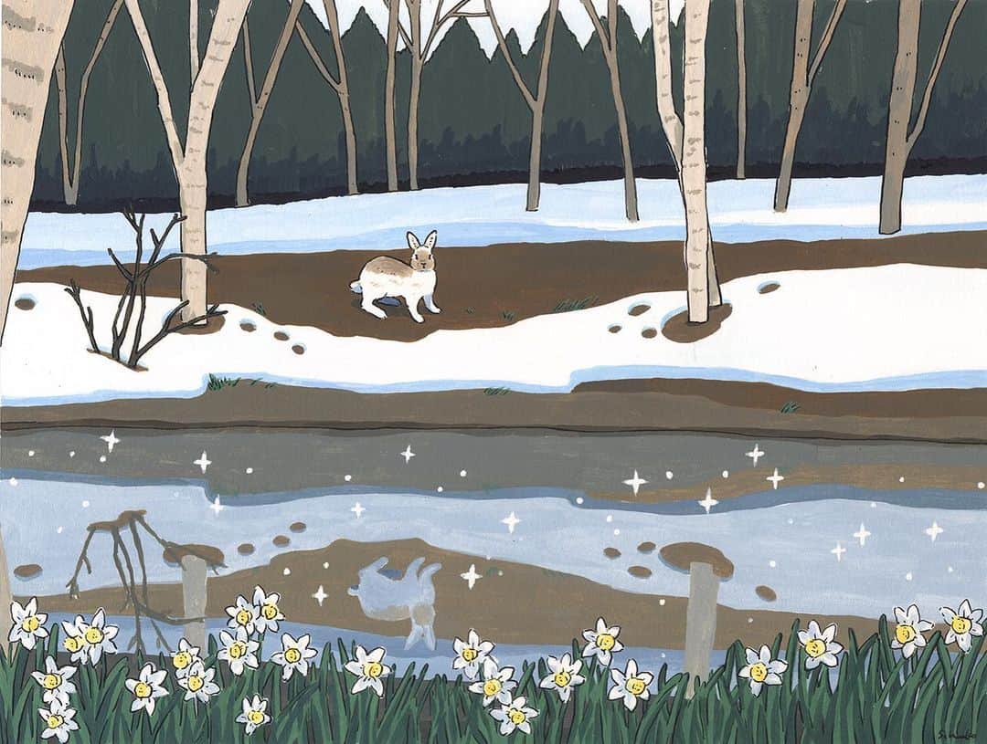 のインスタグラム：「Spring is just around the corner. どんどん春になってくる * #illustration#art#drawing#design#acrylicpaint#アクリル絵の具#rabbit#bunny#うさぎ」
