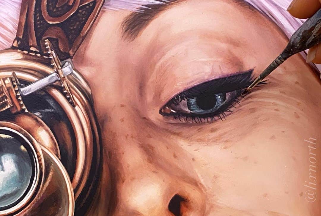 Lix Northさんのインスタグラム写真 - (Lix NorthInstagram)「Lenses and lashes... 👁⚙️ The monocular is back! 🤘🏼Detail from ‘Tactician’, oil on aluminium. See the finished piece at @beinartgallery Melbourne as part of the Antipodes 2021 show, Feb 28th to March 21st.   #art #antipodes2021 . . . #oilpaint #selfportrait #portrait #steampunk #hyperrealism #realism #beautifulbizarre #instaart #instaartsy #instaartwork #instaartist #instaartpop #instaarthub #instaartoftheday #instaarte #instaarts #instaartistic #artwork #artist #newartwork #artistlife #artnews #artinfo #fineart #resourceryartists #arte #dibujo」2月22日 12時21分 - lixnorth