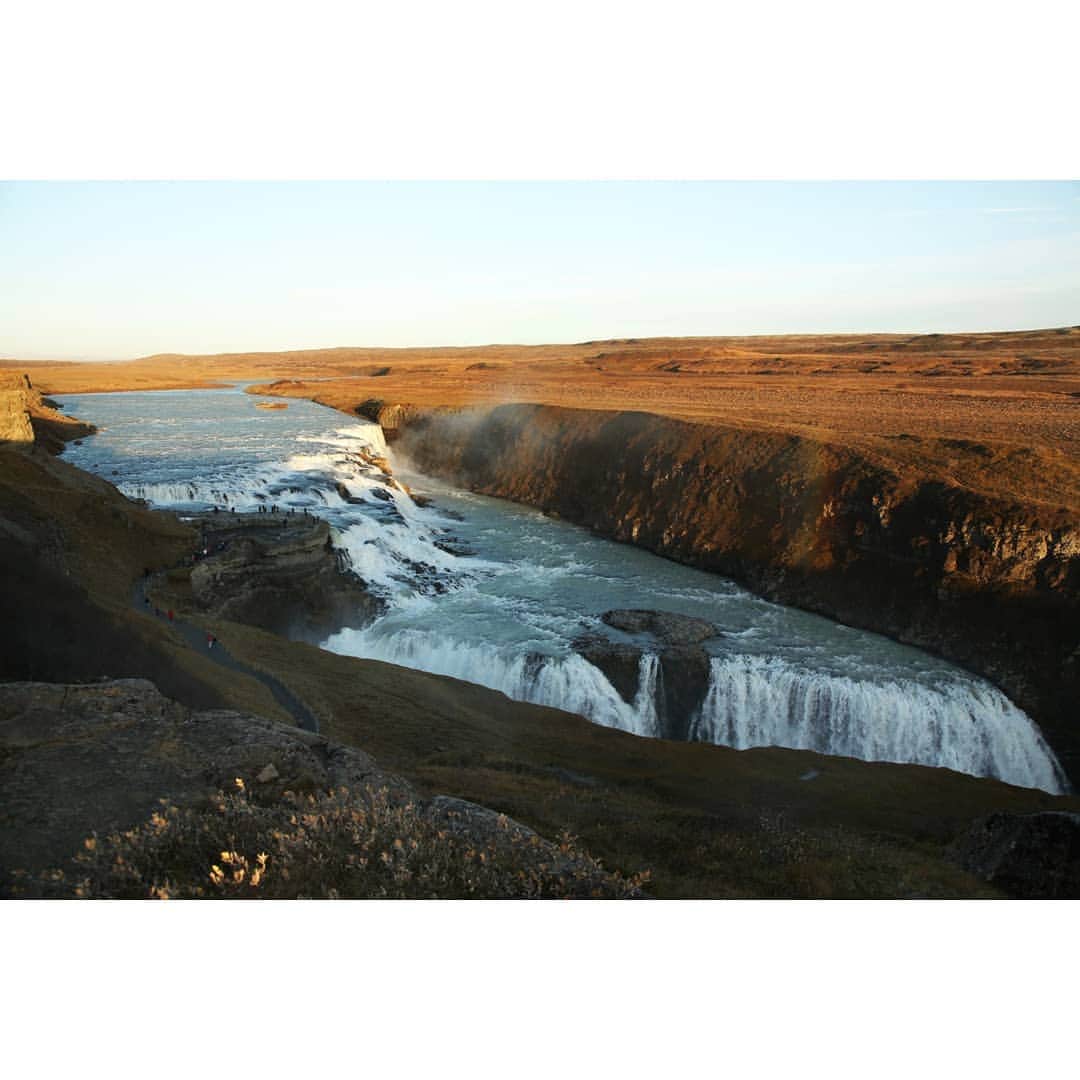 テレビ朝日「世界の街道をゆく」さんのインスタグラム写真 - (テレビ朝日「世界の街道をゆく」Instagram)「雄大な自然に抱かれて道は続きます。時折目にする人々の営みに、大地への想いを感じます。谷間に流れ落ちる滝を目にしました。グトルフォス。アイスランド語で「黄金の滝」の意味だといいます。降り注ぐ日差しを浴びて、水が金色に輝いて見えることから名付けられたと女性が水の流れを見つめていました。 数あるアイスランドの滝の中でも雄大さで知られるグトルフォスですが、20世紀初頭に水力発電所の建設が持ち上がり、ダムで沈める計画がありました。その時近くに暮らす1人の少女が、「発電所を造るなら、滝の中へ身を投げる」と開発業者に迫ったことをきっかけに、自然保護の機運が高まり、計画は白紙に戻されたのです。 「黄金の滝」に女性たちの笑顔が映えます。少女の願いは、「唯一無二の景観を守る」という言葉として、アイスランド人の心に受け継がれていました。  #世界の街道をゆく #キヤノン #テレビ朝日 #坂東巳之助 #canon 写真　#狩野喜彦 #大自然と人が息づく北国の道 #アイスランド #グトルフォス #ICELAND #republicoficeland #LýðveldiÍsland #Gullfoss」2月22日 13時13分 - tvasahi_kaidou