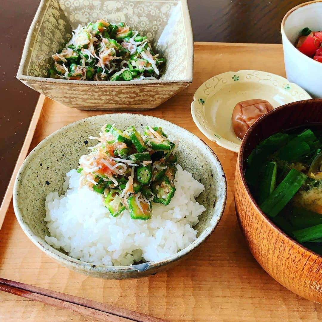 志摩有子さんのインスタグラム写真 - (志摩有子Instagram)「久しぶりにお昼はご飯を炊いてお供と。 角切りトマトとキムチ入りの納豆にしらす入りのオクラ明太子。醤油と胡麻油少々で味付け。ニラと落とし卵のお味噌汁と。炊きたてごはん、最高。  #ごはんのお供に #ごはんのおとも」2月22日 13時50分 - ariko418