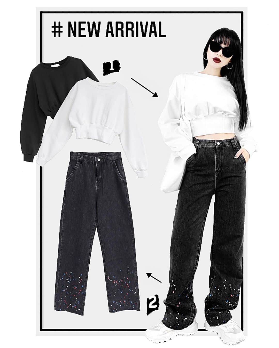 lve_xxxxのインスタグラム：「.﻿ .﻿ ℕ𝔼𝕎 𝔸ℝℝ𝕀𝕍𝔸𝕃﻿ @lveu.official ﻿ ﻿ 🕗 𝟤𝟢𝟤𝟣.𝟢𝟤.𝟤𝟥 ( ᴛᴜᴇ ) 𝟤𝟢:𝟢𝟢 〜﻿ ﻿ ❶ ᴄᴏʀꜱᴇᴛ ꜱᴡᴇᴀᴛ ﻿  ʙʟᴀᴄᴋ / ᴡʜɪᴛᴇ﻿ ﻿ ﾎﾞﾘｭｰﾑ袖とｸﾛｯﾌﾟﾄﾞ丈がにｺﾙｾｯﾄﾃﾞｻﾞｲﾝで﻿ ﾒﾘﾊﾘのあるｼﾙｴｯﾄがとにかく細見え！﻿ 着るだけでｽﾀｲﾙｱｯﾌﾟ出来るﾃﾞｻﾞｲﾝです✌️﻿ ﻿ ❷ ᴘᴀɪɴᴛ ᴅᴇɴɪᴍꜱ﻿  ꜱ / ᴍ﻿  ʙʟᴀᴄᴋ﻿ ﻿ 裾がﾍﾟｲﾝﾄ加工ｱｸｾﾝﾄのﾌﾞﾗｯｸﾃﾞﾆﾑ🎨﻿ ﻿ ﾎﾟｲﾝﾄになる配色になってるので﻿ どんなｱｲﾃﾑとも相性🙆‍♀️﻿ ﻿ ややﾜｲﾄﾞなｼﾙｴｯﾄと裾のｶｯﾄｵﾌﾃﾞｻﾞｲが﻿ 履きやすい1着👖﻿ ﻿ ﻿ LVEU.の新作ご紹介は他の普段ｺｰﾃﾞと﻿ 区別すべく加工画像にしてみようかと🤔﻿ ﻿ しかし、加工慣れてないし﻿ 時間そない取れないから…断念するかも😂爆﻿ ﻿ ﻿ －－－－－－－－－－－－－－－－－－﻿ ﻿ その他ｺｰﾃﾞｱｲﾃﾑ詳細は﻿ WEARをご覧くださいませ。﻿ ﻿ ﾌﾟﾛﾌｨｰﾙのURLよりご覧頂けます☺︎﻿ ﻿ WEARもfollow﻿ 宜しくお願い申し上げます！﻿ ﻿ －－－－－－－－－－－－－－－－－－ ﻿ ﻿ ﻿ ﻿」