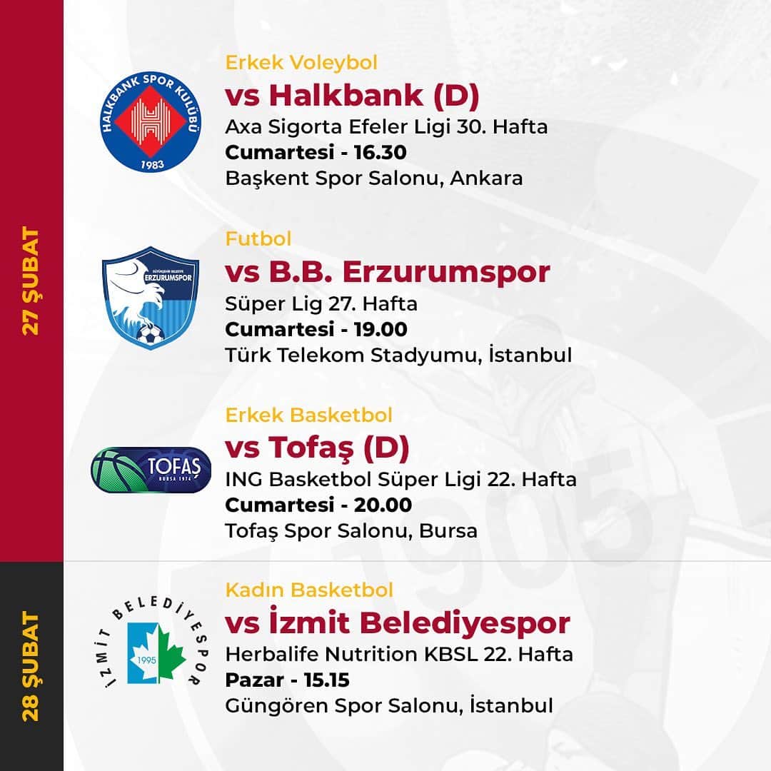 ガラタサライSKさんのインスタグラム写真 - (ガラタサライSKInstagram)「🗓 Galatasarayımızda haftanın programı. ⚽ 🏀 🏐 #WeekOfGala 💪」2月22日 16時01分 - galatasaray
