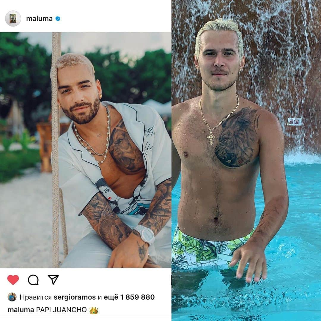 エゴール・ザクロエフのインスタグラム：「И такое бывает😅 Случайным образом увидел @maluma . Оказывается у него такое тату🙂  P.s братка я честно не повторял . Bro I honestly didn't follow you#maluma」