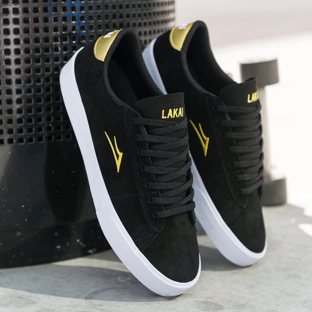 ラカイリミテッドフットウェアのインスタグラム：「Newport in Black/Gold Suede with embroidered Micro Flare Available now at skate shops and Lakai.com #Lakai #TheShoesWeSkate」