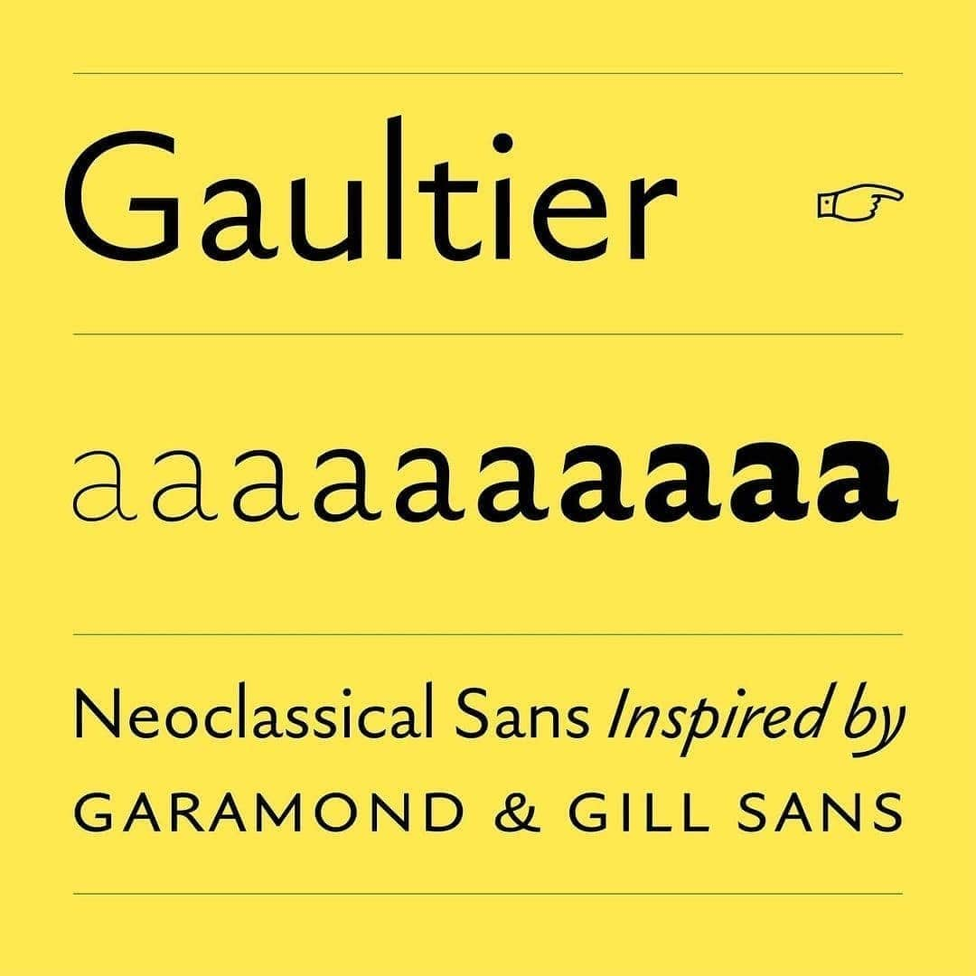 myfontsのインスタグラム：「📷 by @polishdesignscene: Designer machalski.studio  . Gaultier is the result of over 5 years of work on a typeface inspired by my favourite creators in European typography – Claude Garamond, Robert Granjon and Eric Gill.  The main idea of the project was to create a sans-serif antiqua with all features reserved for serif typefaces. In addition to the rich set of characters, Neuropa includes: Small Caps, Superscript, Subscript, Ligatures, Discretionary Ligatures, Contextual Alternates, Swash Variants and 5 different styles of digits. Upright styles with delicate contrast corresponds with the expressive form of italics inspired by Granjon italic construction.  Gaultier will work wherever we want to emphasize modernity without forgetting tradition. The sharp character of the whole family is perfect for longer texts, visual communications and branding purposes.  https://www.myfonts.com/fonts/borutta/gaultier/  #typedesign #typographyinspired #typeface #typewolf #typism #fontdesigner #fontdesign #itsnicethat #365typefaces #polska #projektowaniegraficzne #typographydesign #typematters #grafikradar #designinspiration #dailygraphic #instadesign #inspofinds #graphicgang #designerslife #polishdesign #freelancedesigner #creative」