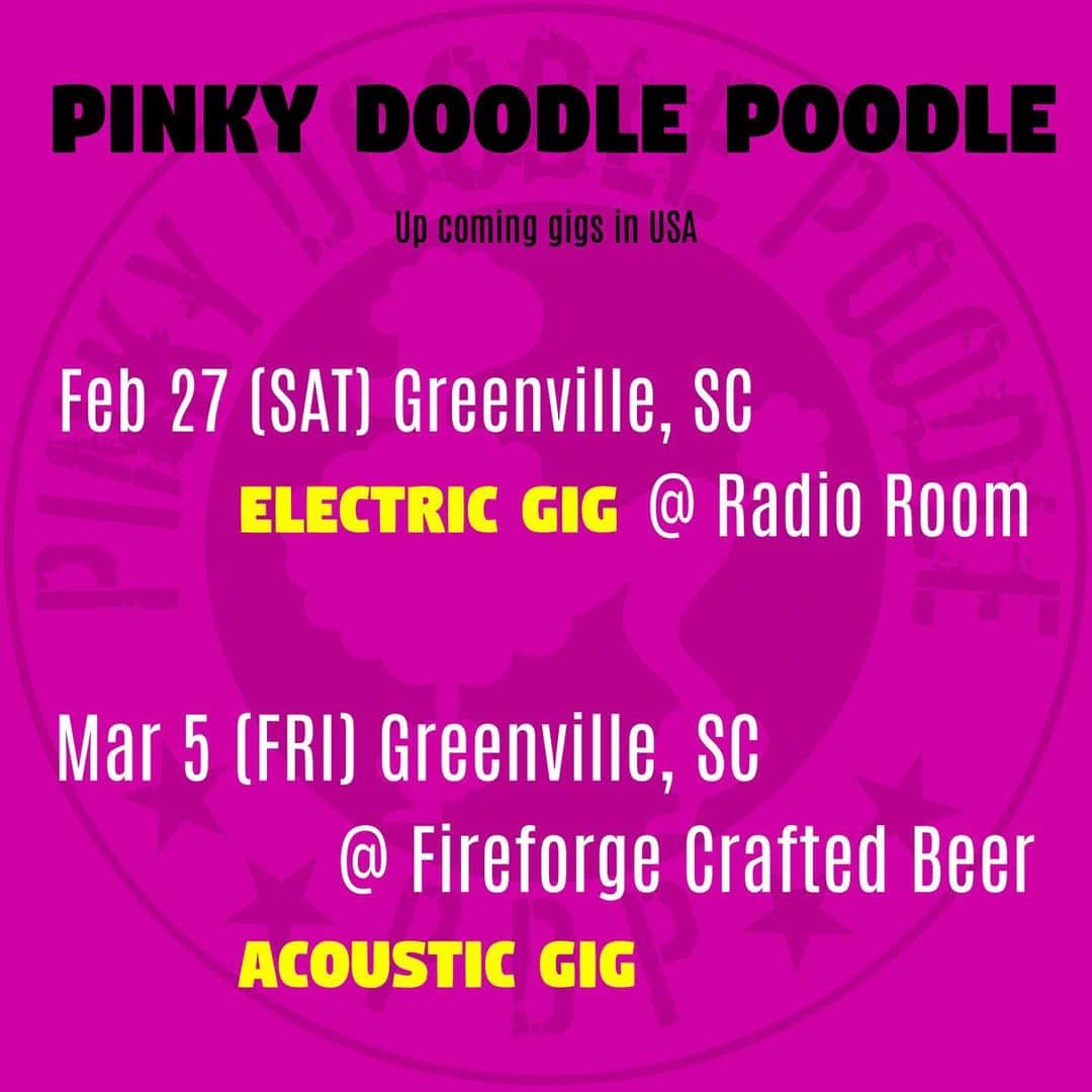 PINKY DOODLE POODLEさんのインスタグラム写真 - (PINKY DOODLE POODLEInstagram)「We have an Electric Gig and an Acoustic Gig!!!﻿ ﻿ Feb 27 (SAT) Greenville, SC @ Radio Room　[Electric Gig]﻿ Mar 5 (FRI) Greenville, SC @ Fireforge Crafted Beer　[Acoustic Gig]﻿ ﻿ Come on!!!」2月23日 5時16分 - pinkydoodlepoodle