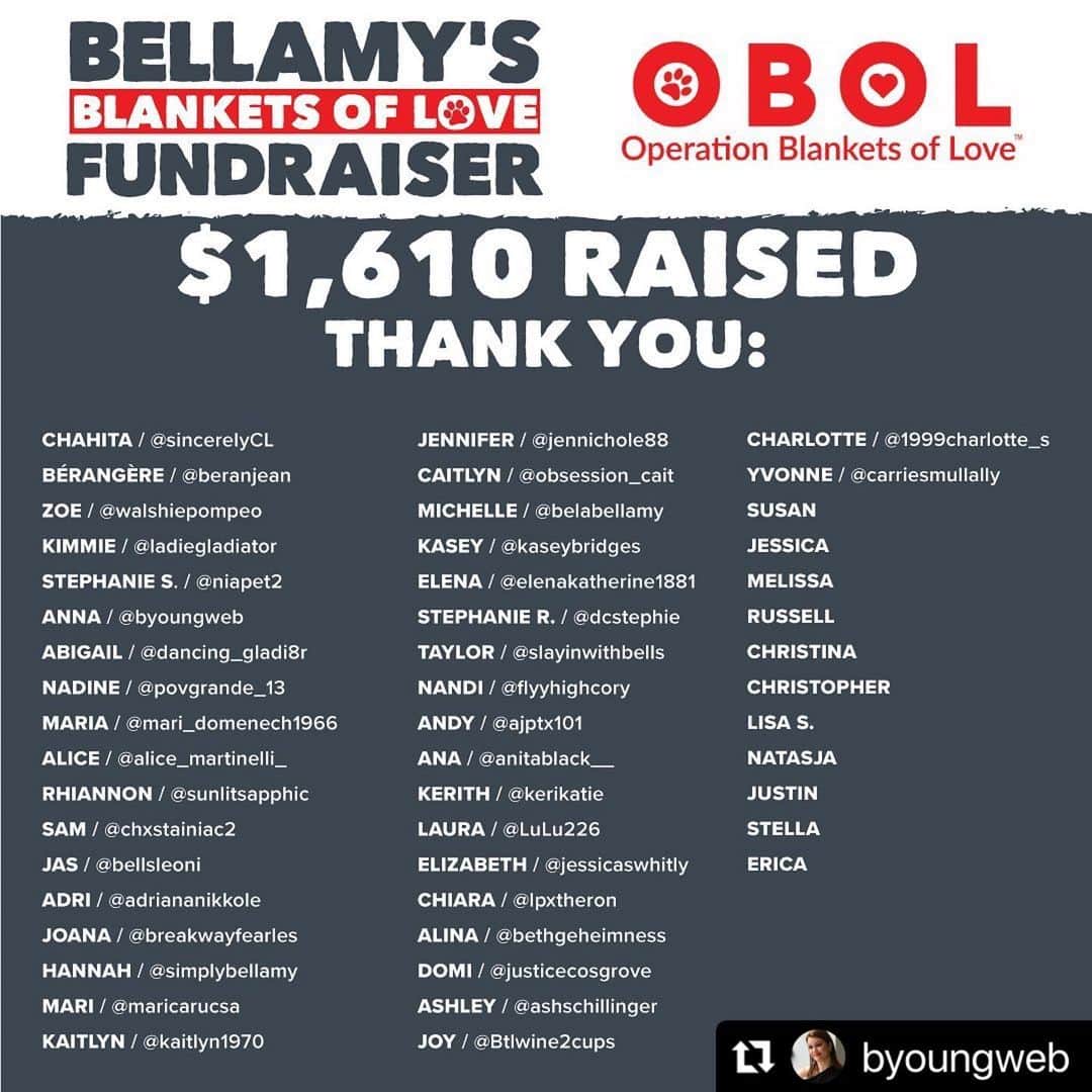 ベラミー・ヤングさんのインスタグラム写真 - (ベラミー・ヤングInstagram)「THANK YOU with all my heart to everyone who contributed to the fundraiser for @obolpaws for my bday- & especially THANK YOU, ANNA @byoungweb , for organizing this for the 4th year in a row! I'm sending everyone so much love- today & always. ❤️💗❤️💗❤️💗❤️💗❤️ ps: I will match your donations, so the love & kindness can go twice as far🥰 ・・・ For the 4th annual ‘Bellamy’s Blankets of Love Fundraiser’, we raised a total of $1,610 for @OBOLPaws in honor of @BellamyYoung’s birthday. Huge thanks to everyone who contributed. Happy birthday, Bellamy! We love you! #ProdigalSon」2月23日 5時32分 - bellamyyoung