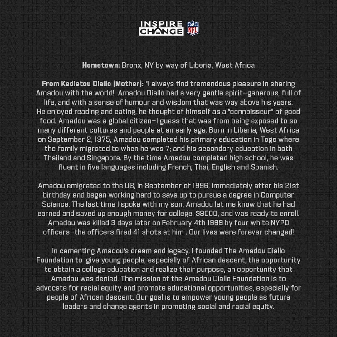 NFLさんのインスタグラム写真 - (NFLInstagram)「Say His Name: Amadou Diallo  Amadou is one of the many individuals being honored by players and coaches this season through the NFL’s helmet decal program. #SayTheirStories」2月23日 5時54分 - nfl
