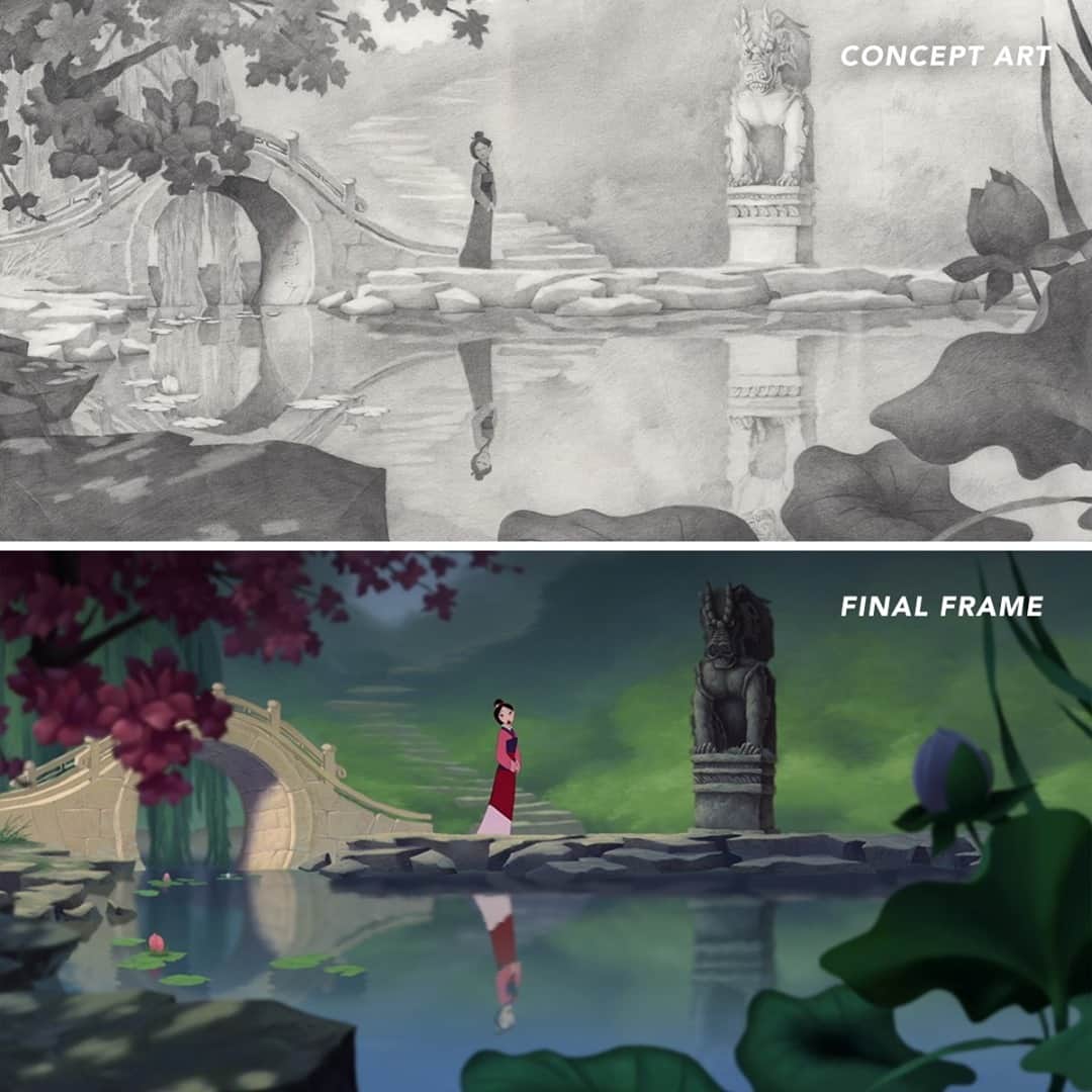 Disneyさんのインスタグラム写真 - (DisneyInstagram)「This reflection of Mulan from @DisneyAnimation concept art to final frame makes for a perfect pair. 🌸」2月23日 5時59分 - disney