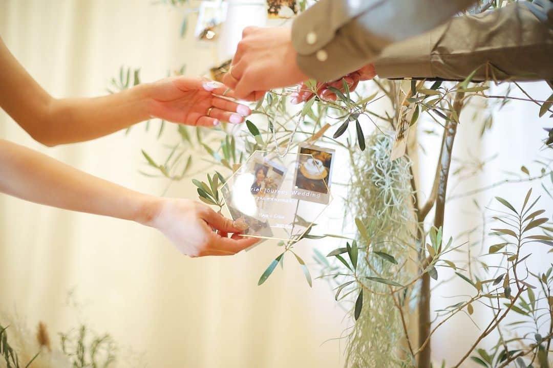 結婚式場ブランレヴュー宇都宮アクアテラスのインスタグラム：「. ゲスト参加型のオリジナルフォトツリー＊  オリーブの木にゲストの皆様が写真を飾ります。  結びに新郎新婦様がプレートを飾って完成♩  飾ったプレートに刻印されているのはおふたりのウエディングテーマ。  世界でたった一つの大切な宝物をゲスト全員と創りました！ .」