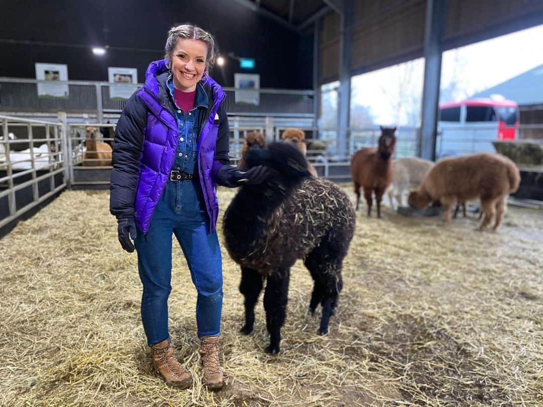 ヘレン・スケルトンのインスタグラム：「The face that says please don’t spit on me again. #alpaca #farming #rural #yorkshire #cannonhallfarm   I always get asked about coats when I film “outside “ stuff... Coat  @thenorthface  Boots @dune_london  Boiler @frenchconnection  Jumper @coastfashion」