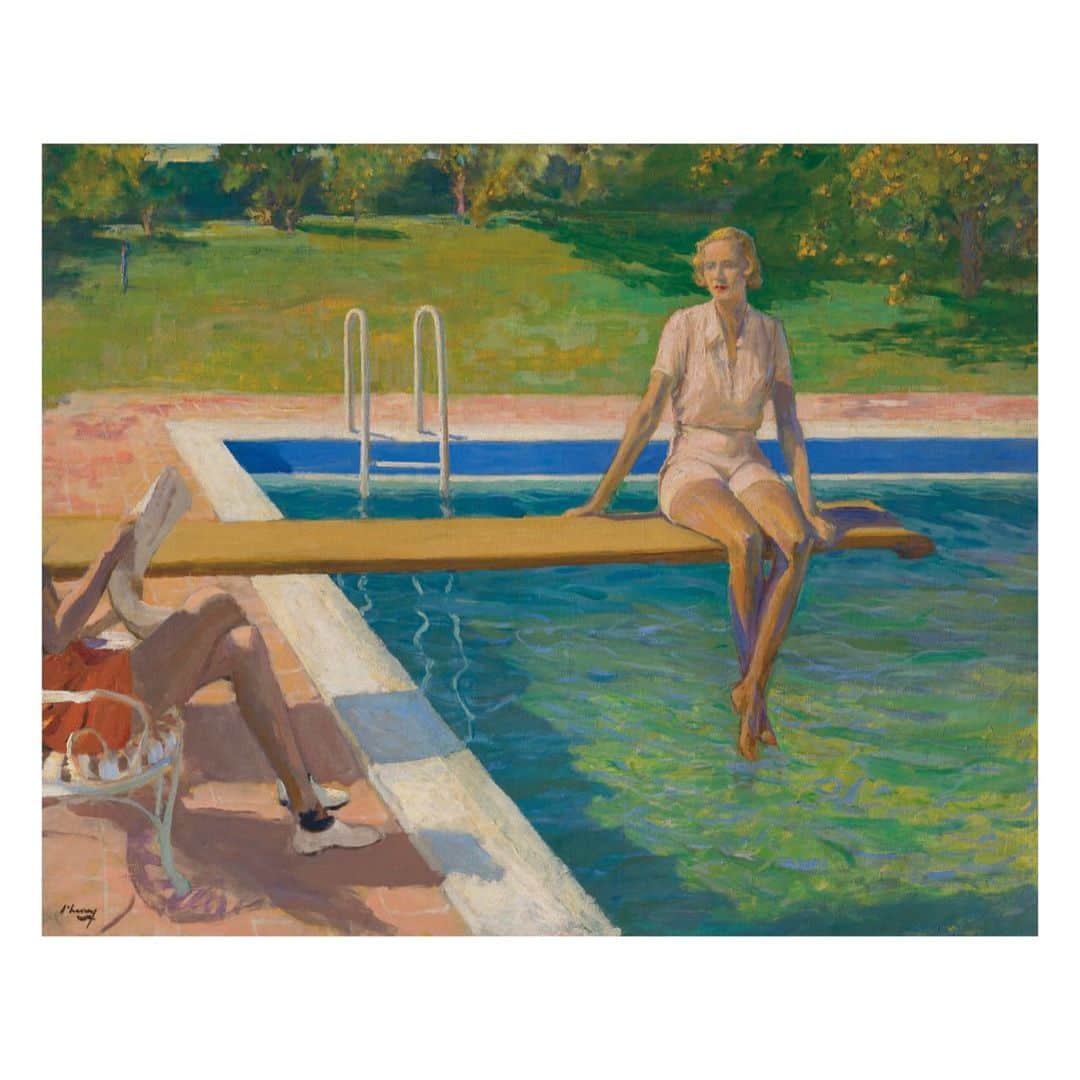 クリスティーズのインスタグラム：「Dreaming of summer... ☀️💭⠀ .⠀ In this painting, Sir John Lavery (1856-1941) depicts Lady Doris Castlerosse (née Delevingne), who rose to fame in the twenties when sharing a flat with the actress, Gertrude Lawrence.⠀ .⠀ Lavery painted Lady Castlerosse's famed legs, not once, but twice, with her limbs depicted in the foreground of the picture as well as in the seated figure whose face is out of view.⠀ .⠀ Art lovers today regard David Hockney as the 'owner' of Californian pool imagery. It may come as a surprise to some to discover that an aged Irish painter shared his enthusiasm and acted as its precedent.⠀ .⠀ Sir John Lavery R.A., R.S.A., R.H.A. (1856-1941), 'The Viscountess Castlerosse, Palm Springs', 1938. Estimate: £400,000-£600,000,⠀ .⠀ Modern British Art Evening Sale — 1 March, London.⠀ .⠀ #SirJohnLavery #Lavery #painting #portrait #landscape #palmsprings #ModernBritishArt #ModernBritishArtsale」