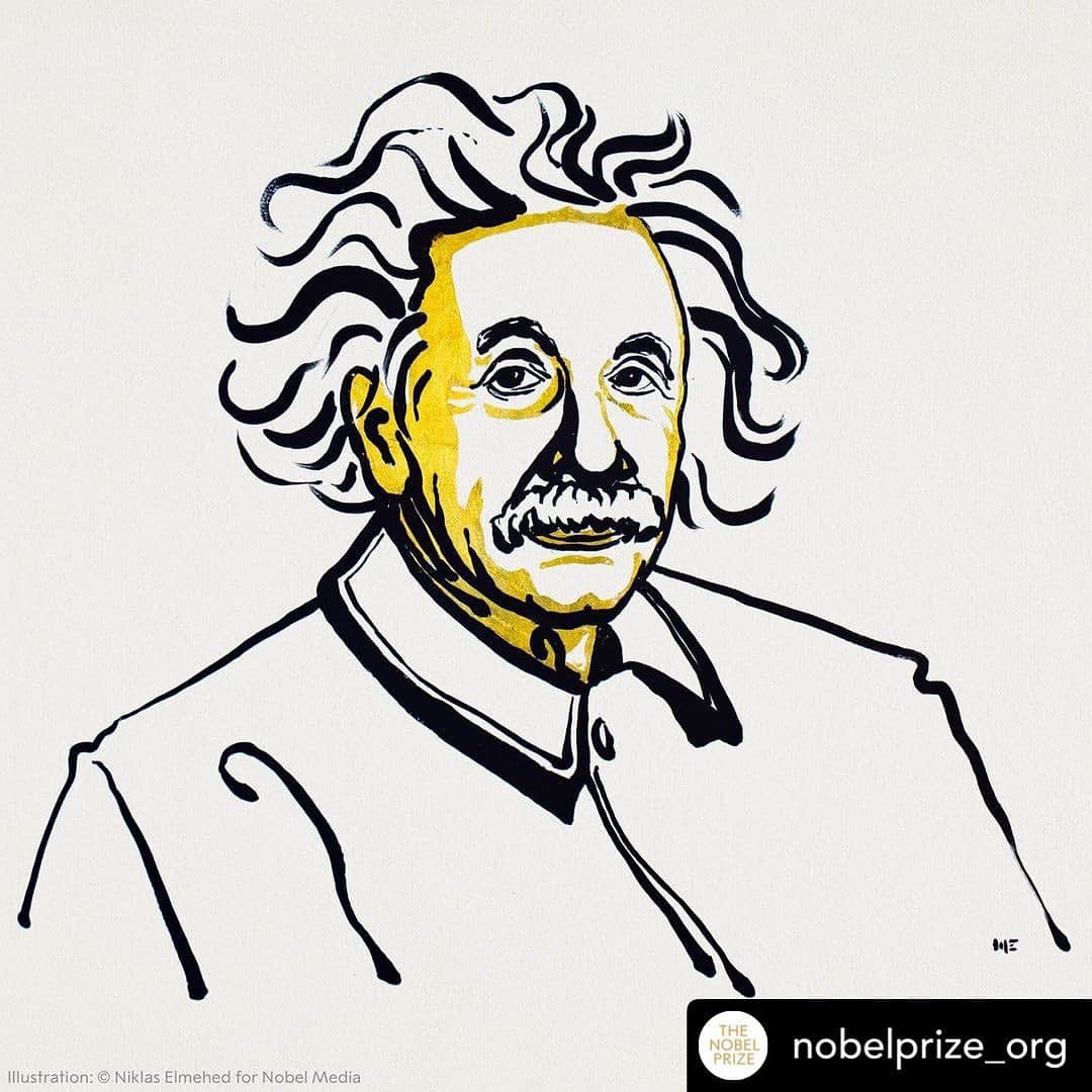 アルベルト・アインシュタインのインスタグラム：「Posted @withregram • @nobelprize_org "I think and think for months and years, ninety-nine times, the conclusion is false. The hundredth time I am right."   Some inspiration to all of us from 1921 Physics Laureate Albert Einstein.  Illustration: @niklaselmehed   #NobelPrize #NobelLaureate #inspiration」