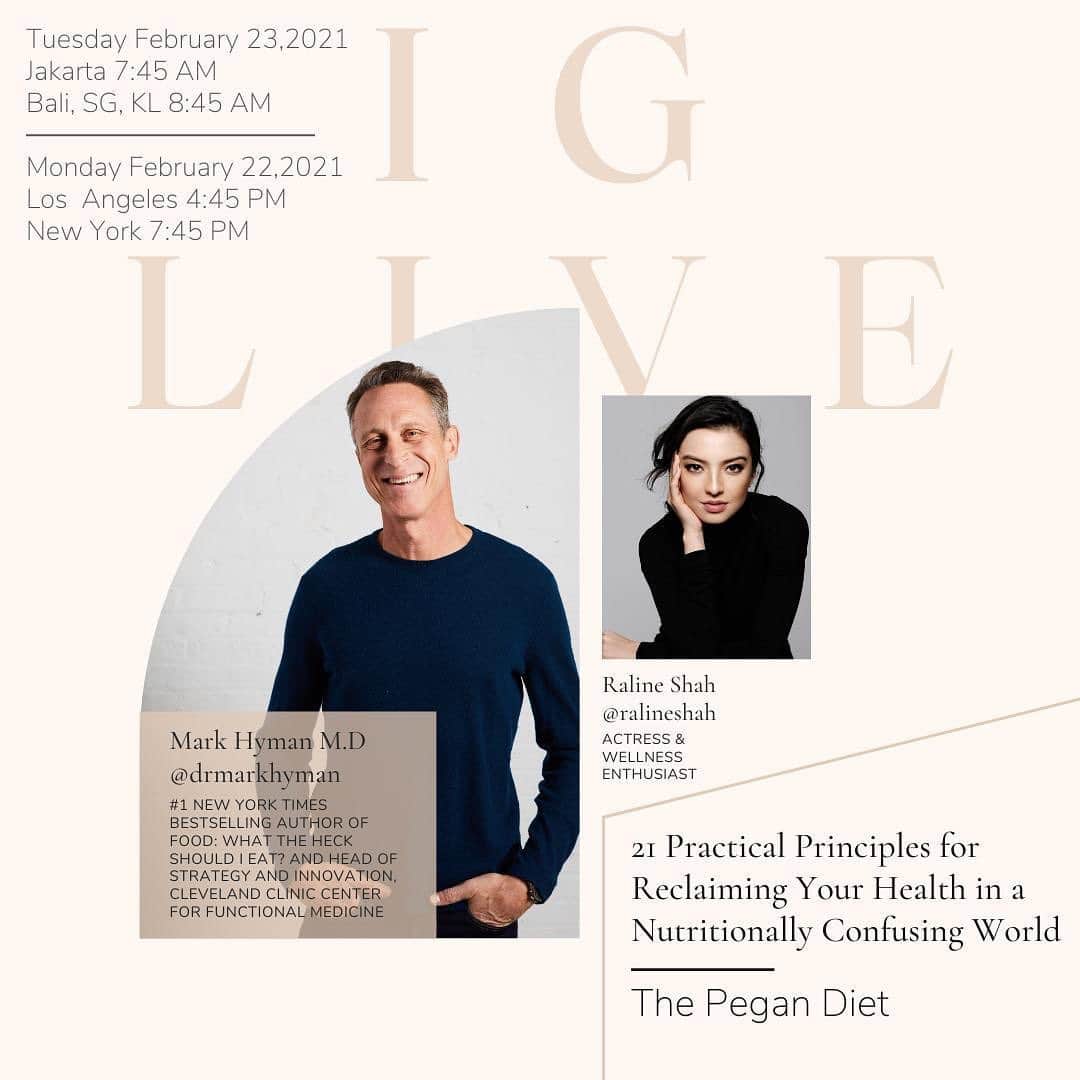 ラライン・シャーのインスタグラム：「Hi guys going to bed and up early for an exciting talk with a Doctor that I admire and have been avidly following for the past few years, @drmarkhyman !  We are going into a deep dive of his “Pegan Diet” and what wisdoms the field of functional medicine can give us to combat our individual health concerns. “When you eat healthy food you are, in fact, eating medicine.”  I’ve had big ups and downs in terms of my physical health and now I feel like Ive managed to heal many things that have bothered me in the past. The painful past has brought me deep curiosity into the world of nutrition, healing and wellness. My intention is to share the knowledge that I have had the joy of learning with all of you. Know that we all have the capacity to heal ourselves. Where there is a will there is a way ❤️ #pegandiet #drmarkhyman #healthandwellness #nutrition」
