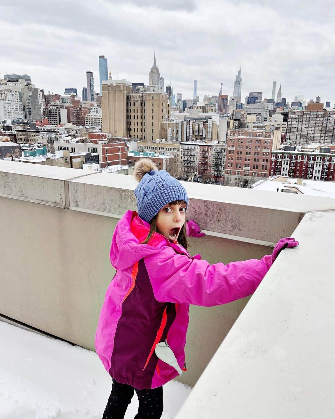 Ilana Wilesのインスタグラム：「One crazy thing about all the snow in NYC over the last few weeks is that it all built up on our rooftop so Harlow was tall enough to see over the side for the first time. All these years, I think it just looked like a solid wall with sky to her! #nyc」