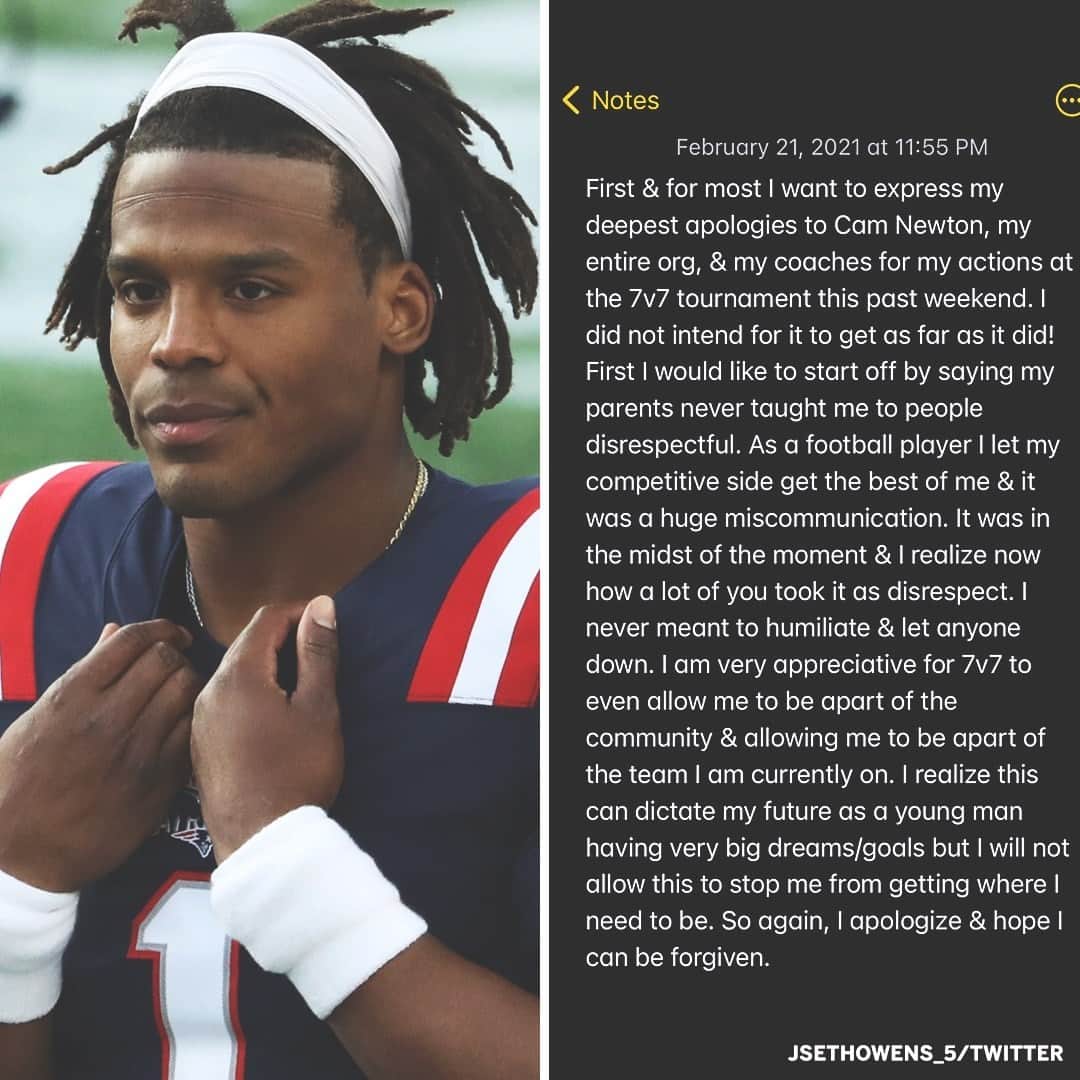 espnのインスタグラム：「A high school football player has apologized to Cam Newton after an exchange between them went viral. The player, Jseth Owens, asked for forgiveness as part of a written apology on Twitter. (via jsethowens_5/Twitter)」