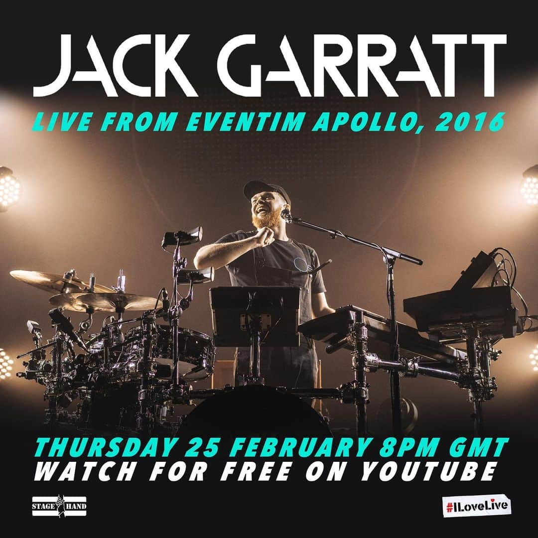 ジャック・ガラットのインスタグラム：「I have more intimidatingly big news... This Thursday 25th Feb at 8pm GMT, I, Jack Garratt, will be streaming for FREE on YouTube the full set of my last ever London show in 2016 from the historic @eventimapollo . This is a WORLD DEBUT, we filmed this in 2016 but it's never been shown publicly until now.   This stream will also be in support of the incredible and important work being done by @stagehandcharity , so please come with a tickets price worth of money to donate.   I'll be there in the chat to watch it with you in real time. This was a phenomenally spectacular and significantly special show for me. I can't wait to watch it with you all.  Link in bio 💙」