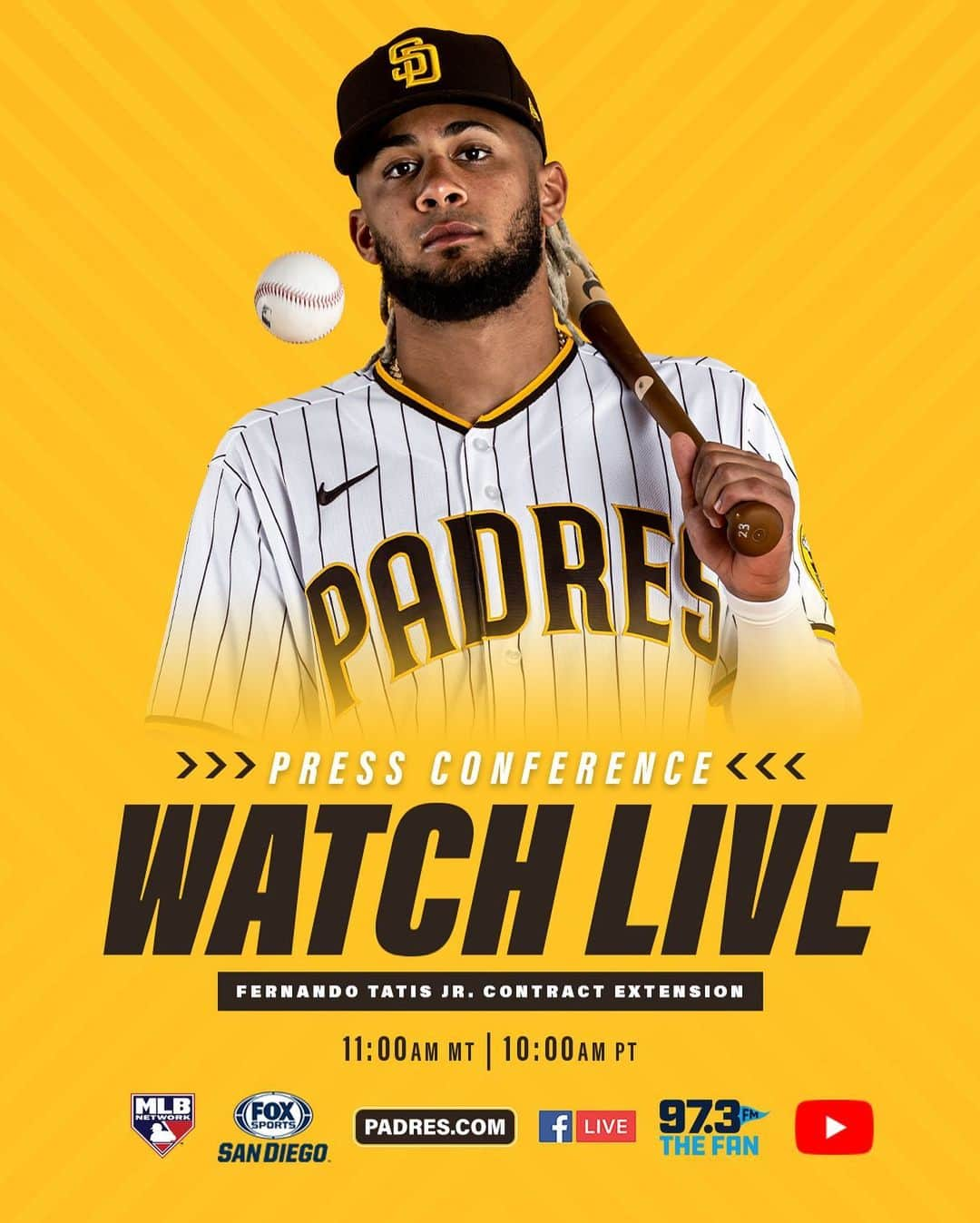 サンディエゴ・パドレスのインスタグラム：「It’s almost that time! ⏳ Be sure to tune in as we go live from #PadresST in 30 minutes. You can watch live on #Padres Facebook and YouTube, Padres.com, @foxsportssd, @mlbnetwork or listen on @973thefan.」