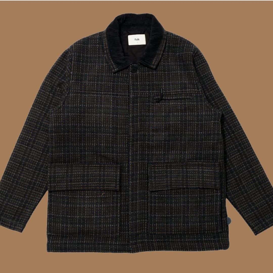 フォークのインスタグラム：「The perfect cold and sunny jacket from our new WinterSpring collection. Made from Italian wool with a subtle tan fleck, corduroy collar, fully lined, many pockets, very good.   #mensstyle #outerwear #2021 #folkclothing」