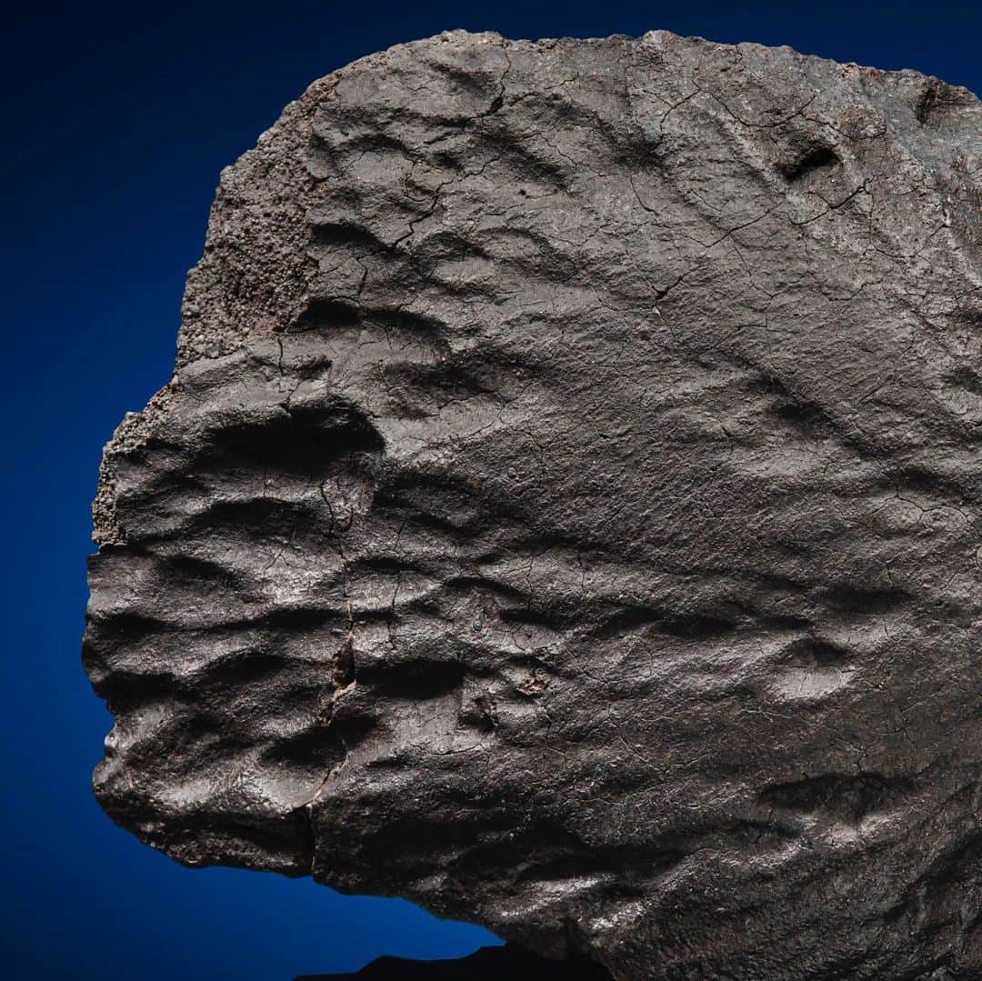クリスティーズのインスタグラム：「Sculpted by nature. ☄️⠀ .⠀ This specimen is in the rare 1% of meteorites that experience minimal tumbling during its plunge through our atmosphere.⠀ .⠀ The parabolic face seen here was, in effect, carved by frictional heating as this meteorite rocketed through Earth's atmosphere. The curvature of this parabola is the precise angle at which heat is most efficiently deflected from any object that penetrates the atmosphere — and this same curvature seen in oriented meteorites inspired the design of the heat shields for NASA's Mercury, Gemini and Apollo capsules. 🤓⠀ .⠀ Spectacular Oriented Stone Meteorite, The Sahara Desert. Estimate: $50,000-80,000.⠀ .⠀ Deep Impact: Martian, Lunar and Other Rare Meteorites — 9 February-23 February, online⠀ .⠀ #meteorite #saharadesert #spacerock #sculptedbyscience #outerspacesculpture #deepimpact」
