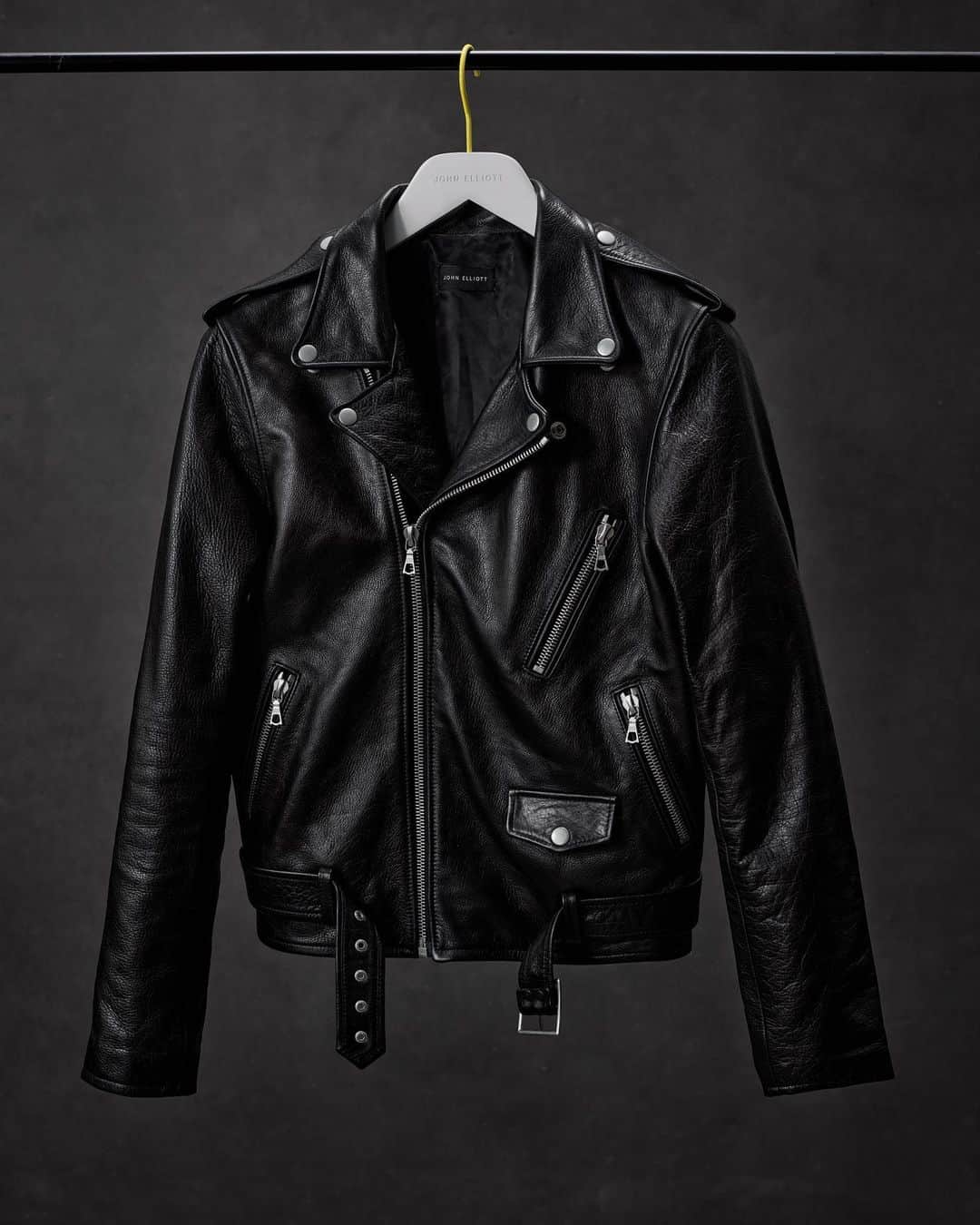 ジョン エリオットのインスタグラム：「LEATHER MOTO JACKET - TOMORROW.  Our latest take on a classic. As we’ve grown over the years, we continue to tweak and refine our take on this silhouette. Tomorrow we launch a 100% made in USA version of a hand washed, waxed, and sanded Moto Jacket.」