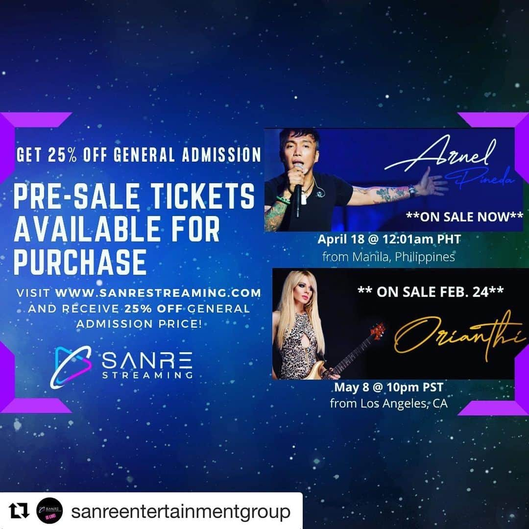 オリアンティさんのインスタグラム写真 - (オリアンティInstagram)「Ahh can’t wait !!! #Repost @sanreentertainmentgroup with @get_repost ・・・ Go to SanreStreaming.com and get your pre-sale tickets from our Sanre Geosphere live stream events featuring @arnelpineda2007 April 18 from Manila, Philippines (on sale now) and @iamorianthi May 8 from Los Angeles, CA on sale February 24th! Buy now and get 25% off General Admission price and VIP package availability for purchase will be announced soon.  @arnelpinedarocks discount #sanrestreaming  #presale」2月23日 4時28分 - iamorianthi