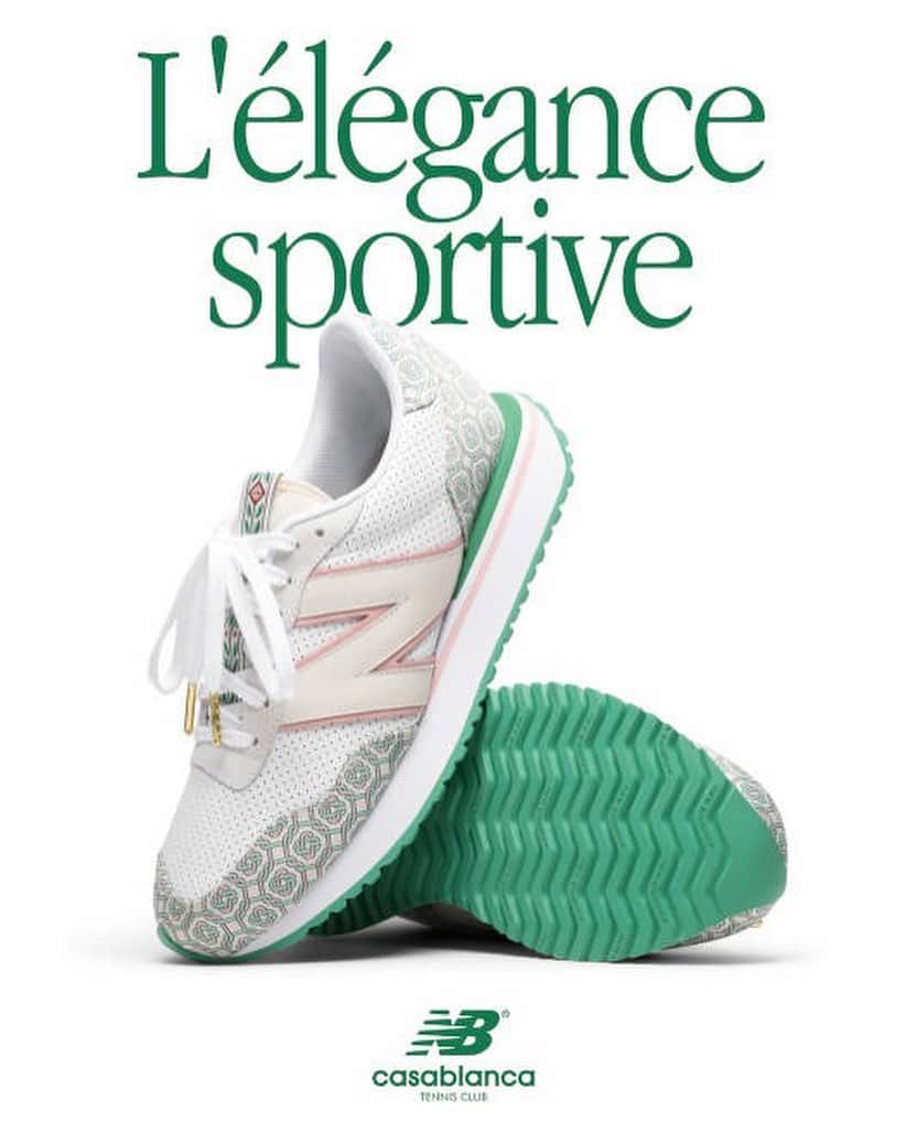のインスタグラム：「【 Coming soon 】﻿ ＜Casablanca × New Balance 237 & 327 “AFTER THE RAIN COMES THE RAINBOW”＞﻿ ﻿ Casablanca × New Balanceの新コレクションは、今回が世界初登場となるニューバランスの最新モデル、“237”と現在最も人気のあるモデルの1 つである“327” の2型です。デザイナーであるCharaf Tajer（シャラフ・タジェル）がロックダウンを過ごしたハワイ・マウイ島での日々からインスパイアされ、人生の中の一瞬の輝きや、自然の偉大さを表現。90 年代の雰囲気や、建築、サイケデリック・カルチャー、カサブランカ・モノグラムと呼ばれる柄、月桂樹の葉などのモチーフが、シューズのデザインディティールに落とし込まれています。﻿ スニーカーという、世界中の沢山の人々に届けることのできるアイテムにコレクションのメッセージを凝縮し、社会的に困難な時期を乗り越え、理想主義的で自然愛に満ちた世界中の人々に、ダイナミックでポジティブなパワーを届ける想いが込められています。﻿ 発売日、販売方法の詳細は後日インスタグラムにて改めて告知させていただきます。　  #casablanca  #NewBalance #NewBalance327 #NewBalance237」
