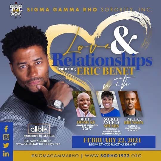 エリック・ベネイのインスタグラム：「Members of @sgrhoupdates, Join me tonight at 5:30PM PST, 7:30PM CST, and 8:30PM EST for an evening of Love & Relationships, sponsored by @watchallblk.  Use code SGRHO on #ALLBLK for 30 days free. Go to www.allblk.tv to start your free trial today. Signup by 3/19 to take advantage of this offer. #SigmaGammaRho #SGRho #WatchALLBLK」