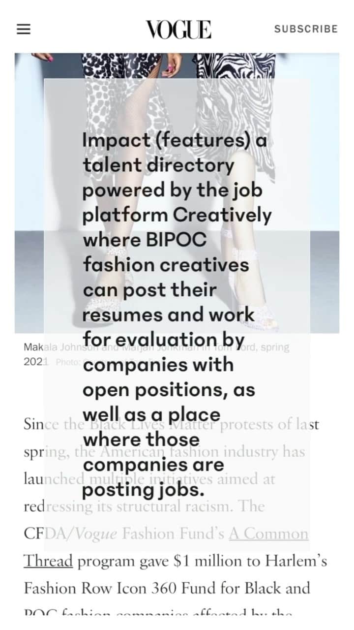 アリス+オリビアのインスタグラム：「I am so incredibly proud to be a part of the @CFDA #IMPACT program that launched today with @hellocreatively #IMPACT aims to create job opportunities for Black and Brown creatives in the fashion industry through a talent directory facilitated by Creatively... The directory will feature full and part-time jobs, freelance opportunities, and internships...!」
