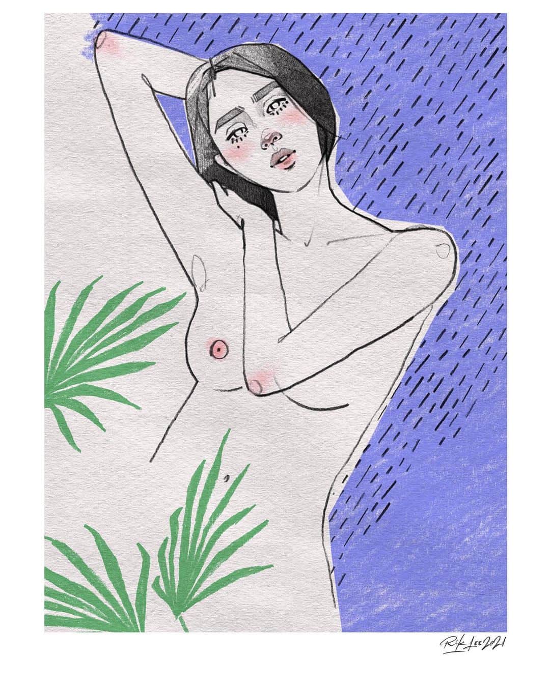Rik Leeのインスタグラム：「Sun shower. 🌦 Conte pencil and collage . A drawing that reflects the weather here today.  . #riklee #illustration #sketch #art #collage #design #lifedrawing #portrait #beauty」