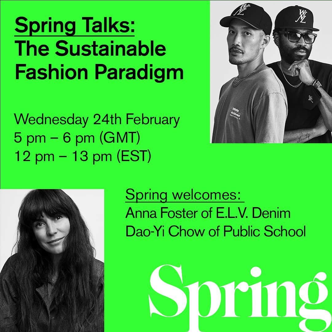パブリックスクールのインスタグラム：「Tomorrow, Wednesday 24th February at 5 PM GMT/ 12 PM EST we’ll be exploring The Sustainable Fashion Paradigm: how to celebrate fashion and embrace creativity, while at the same time advocating a more “conscious” approach to consumption. Spring’s Insights Director, Sally-Anne Limb, will be moderating the discussion with us alongside Anna Foster of E.L.V. Denim @elvdenim whom we partnered with on Re:Style, Hyundai’s pioneering upcycling project.  Link in bio to register for the panel!」