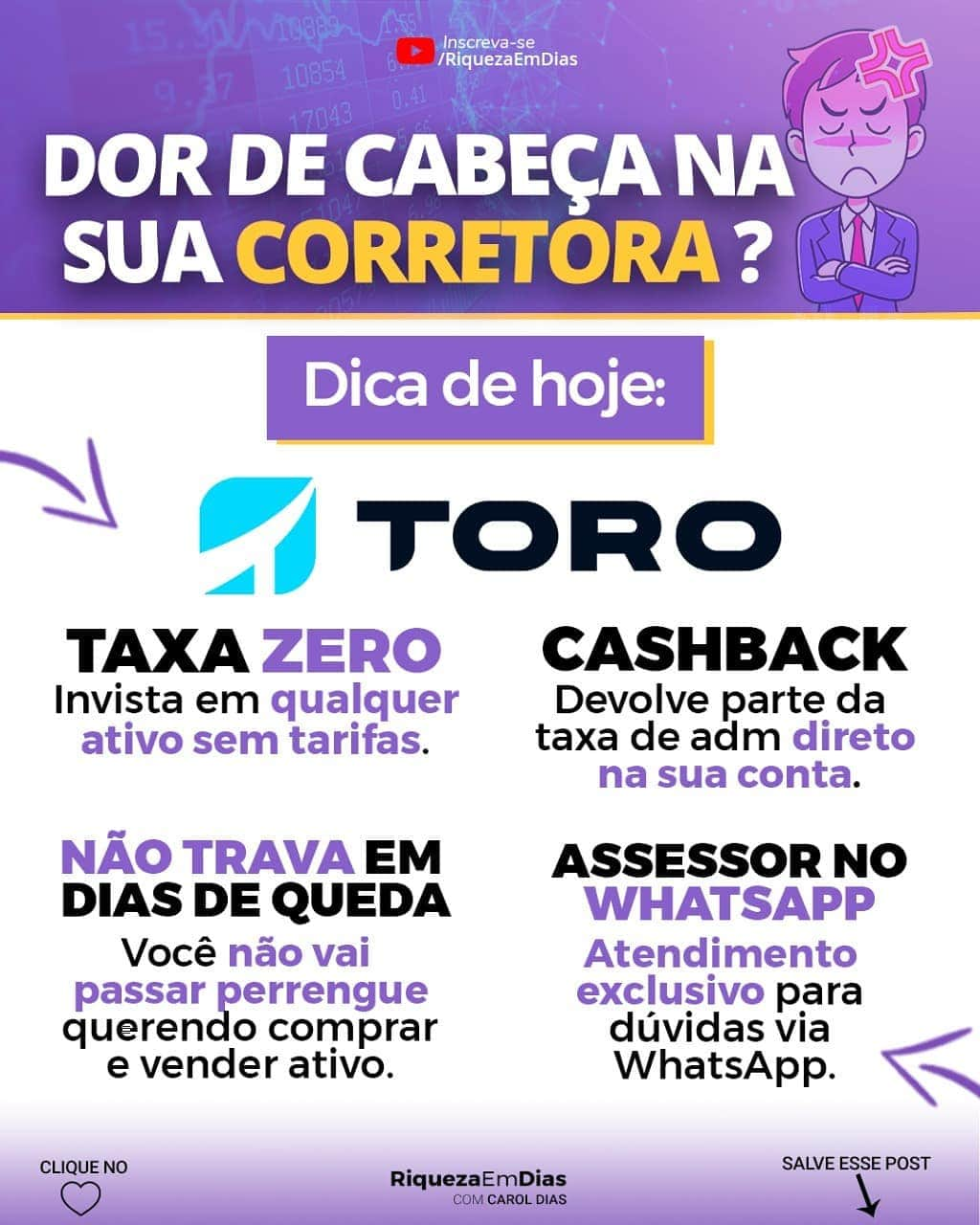 Carol Diasさんのインスタグラム写真 - (Carol DiasInstagram)「Teve problemas ontem na sua corretora?  Essa é a minha dica de hoje, abra a sua conta de graça na Toro investimentos e faça o teste você mesmo.  A Toro não tem taxa de custódia e nem de corretagem, plataforma estável, além dos benefícios mencionados acima  Quer abrir sua conta na Toro investimentos para começar a investir?  📌 Marque um amigo nos comentários e corre nos meus stories ou na minha bio o link está lá . . . . . .  #investimentos #dinheiro #empreendedorismo  #investimento  #fundosimobiliários #investir  #trader  #mercadofinanceiro #bolsadevalores  #finanças  #fiis  #economia #finançaspessoais #planejamentofinanceiro #investidor  #liberdadefinanceira  #investidorinteligente #caroldias #rendavariavel #ações #comoinvestir #educaçãofinanceira #buyandhold #voabrasil #riquezaemdias #dividendos #acoes #ações #reits #reit」2月23日 23時54分 - caroldias