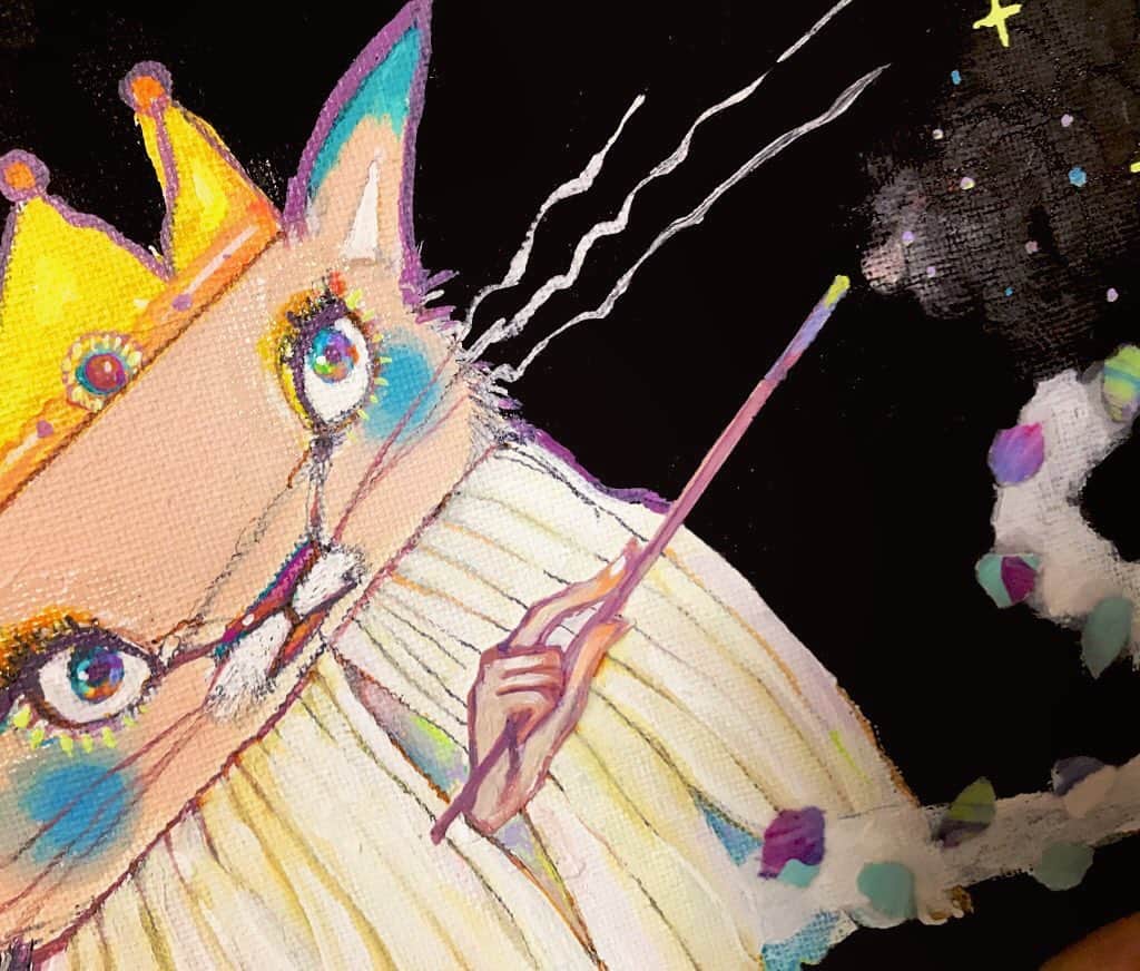 チアキコハラのインスタグラム：「kirakira✨good night💜 優しい気持ちでおやすみなさい🌙 . #🐱#cat #acrylicpainting #fantasy  #pastel #パステルカラー #いらすとぐらむ #artwork #切って貼って#painter #🎨#👩‍🎨#ブラック#black」