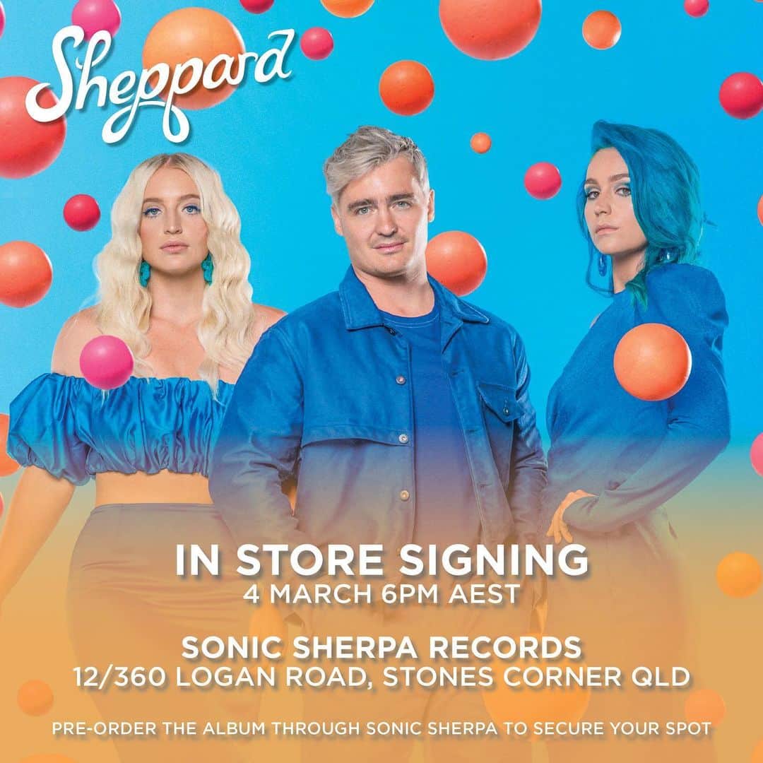 シェパードのインスタグラム：「We're super excited to announce that we'll be meeting and greeting you guys at Sonic Sherpa Records in Brisbane on the 4th of March 6PM AEST. We'll also be performing a  super intimate acoustic session - just for you guys! Due to COVID capacity it will be limited space so if you'd like to secure your spot, all you need to do is head to the sonic sherpa website and order our kaleidoscope eyes album! Can't wait! See you guys there!」