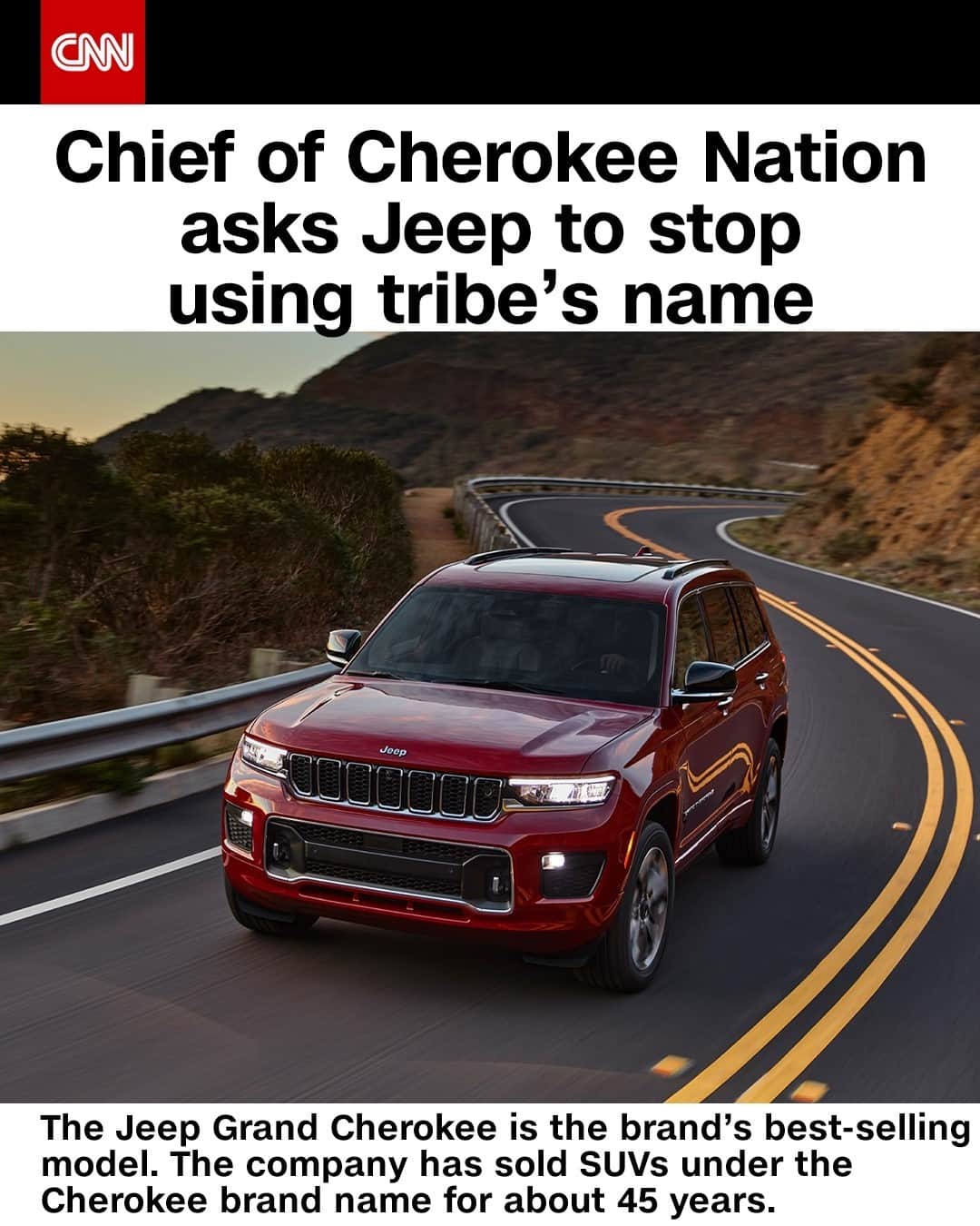 CNNさんのインスタグラム写真 - (CNNInstagram)「The principal chief of the Cherokee Nation has asked Jeep to stop using the tribe's name on its SUVs — which the brand has been using for about 45 years. The Jeep Grand Cherokee is the brand’s best-selling model and the Jeep Cherokee is its third best-selling. “I'm sure this comes from a place that is well-intended, but it does not honor us by having our name plastered on the side of a car," Chuck Hoskin, Jr., principal chief of the Cherokee Nation said. Jeep said they are committed to a respectful and open dialogue with Hoskin.⁠ ⁠ (📸: FCA)」2月23日 17時01分 - cnn