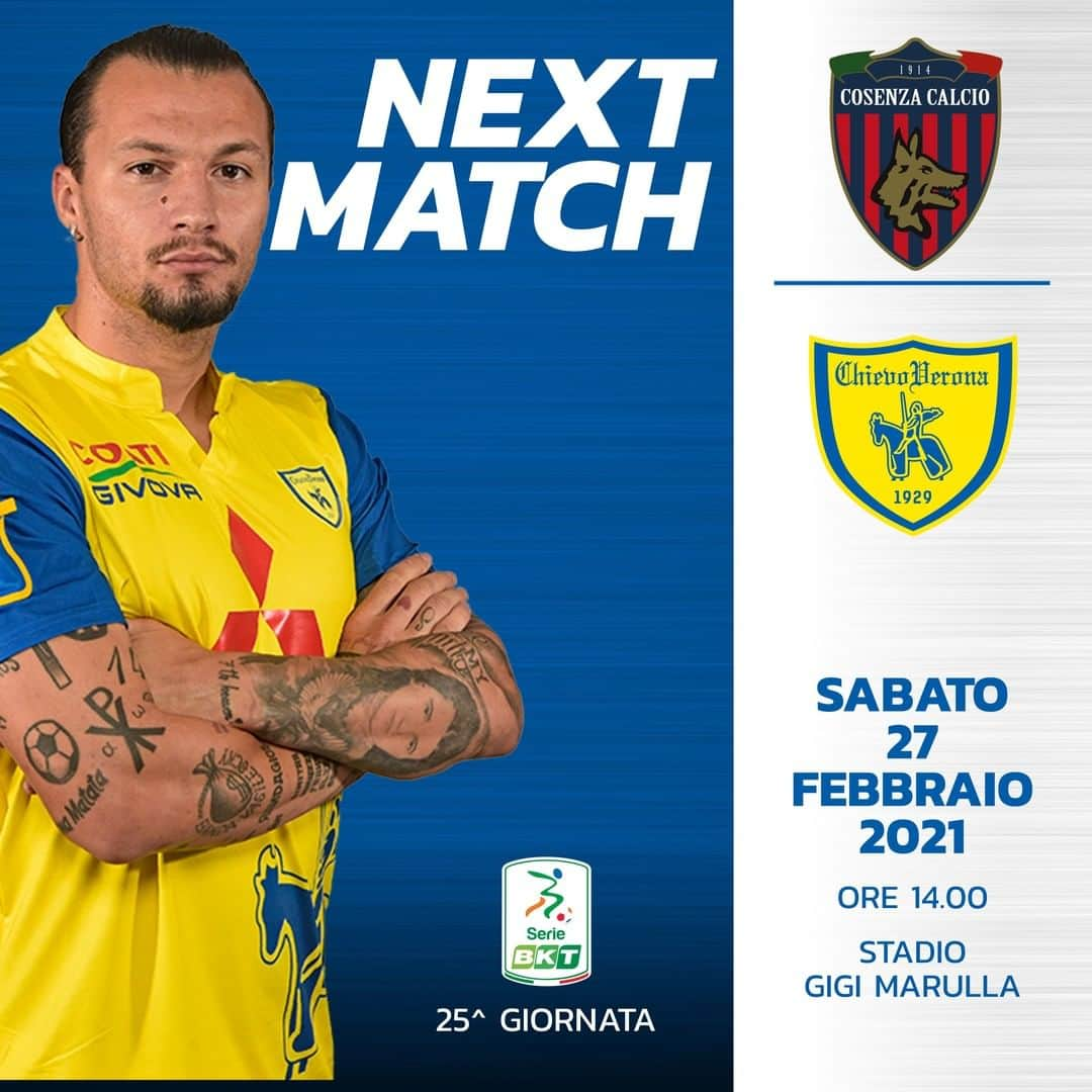 ACキエーヴォ・ヴェローナのインスタグラム：「👁️🔥 Next Match 🔜 @cosenza_official - #ChievoVerona  🗓️ 27/02 ⌚️ 14.00 🏟️ #Marulla  #ForzaChievoSempre #ilnostrofolleamor #calcio #seriebkt #football #passione #gialloblù #chievo」