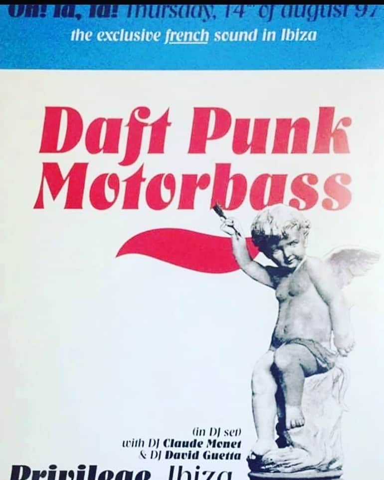 デヴィッド・ゲッタのインスタグラム：「1997 when I brought you to ibiza , I was giving the flyers myself on the beach while playing around the world , on the gettho blaster , putting posters on every wall in town  people didn’t know @daftpunk yet but everyone already knew the music. I was proud to be a french dj for the first time. thank you for all the amazing music , the inspiration it gave me and for your kindness as human beings. Except from you , I never had any idols in my life but I’m not ashamed to say I was a fan and I feel so privileged that I was able to see you grow from the start. Everyone please check homework it’s my favorite album together with thriller from michael jackson . Everytime I make an album I take those two as a bench mark 🙏🙏🙏🙏」