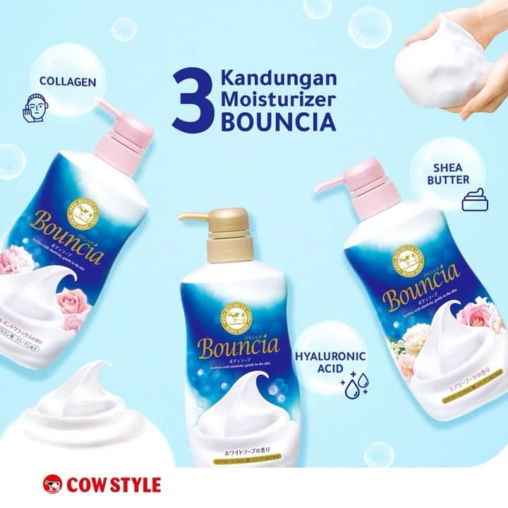 COWSTYLEIDのインスタグラム：「Buat yang belum tahu, Bouncia Body Soap mengandung 3  moisturizer pilihan yang aman untuk kulit 🤓: ① COLLAGEN Menjaga kulit tetap lembab dan membantu mempertahankan elastisitas kulit, sehingga terlihat lebih cerah ② HYALURONIC ACID Menghindari kulit kering dengan mempertahankan kandungan air pada lapisan dermis ③ SHEA BUTTER Mengikat kelembaban kulit dan menghidrasi kulit dengan efektif serta memiliki efek antioksidan untuk kulit tetap sehat  Klik image untuk melihat details product atau klik link di bio untuk langsung belanja online ya 😉  #bouncia #cowbrand #cowstyleindonesia #bodysoap #cowstyle101」