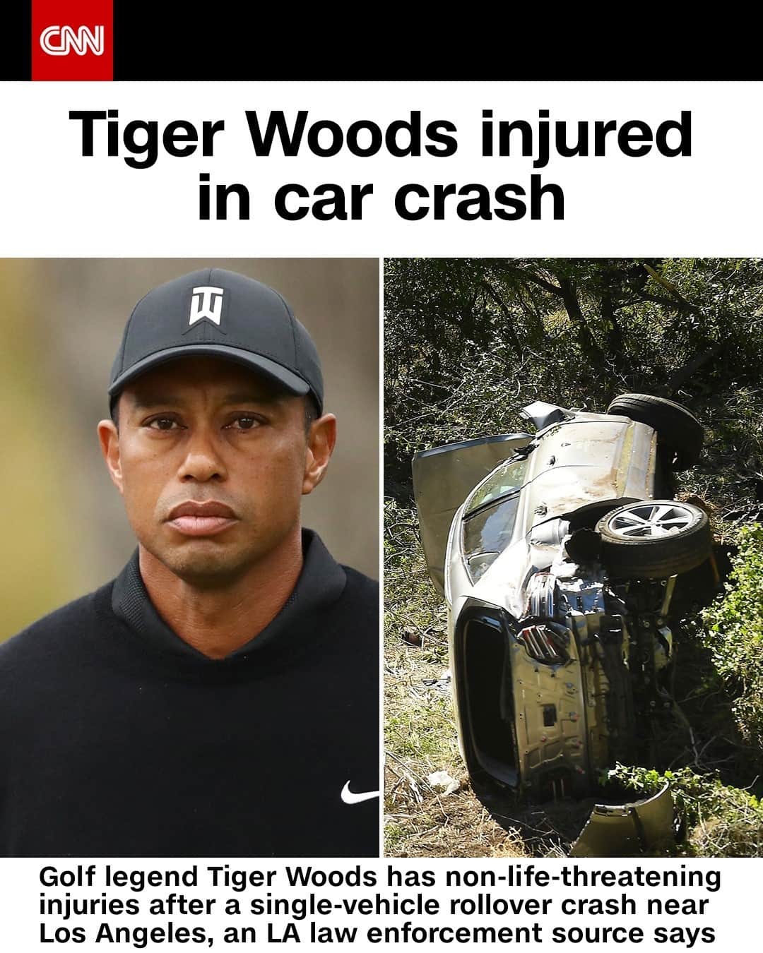 CNNさんのインスタグラム写真 - (CNNInstagram)「Golf legend Tiger Woods has non-life-threatening injuries after a single-vehicle rollover crash near Los Angeles, an LA law enforcement source says. ⁠ ⁠ Following the crash Tuesday morning, Tiger Woods was conscious when rescuers arrived and placed into a medical collar for stabilization. The golfer suffered serious injuries to both legs, LA County Fire Chief Daryl Osby said at a news conference.⁠ ⁠ The LA County Sheriff's Department initially said Woods was cut from his vehicle using the Jaws of Life. It has since said that is not the case. This post has been updated to reflect that.⁠ ⁠ (📸: Ezra Shaw/Getty Images and Wally Skalij/Los Angeles Times/Shutterstock)」2月24日 8時43分 - cnn