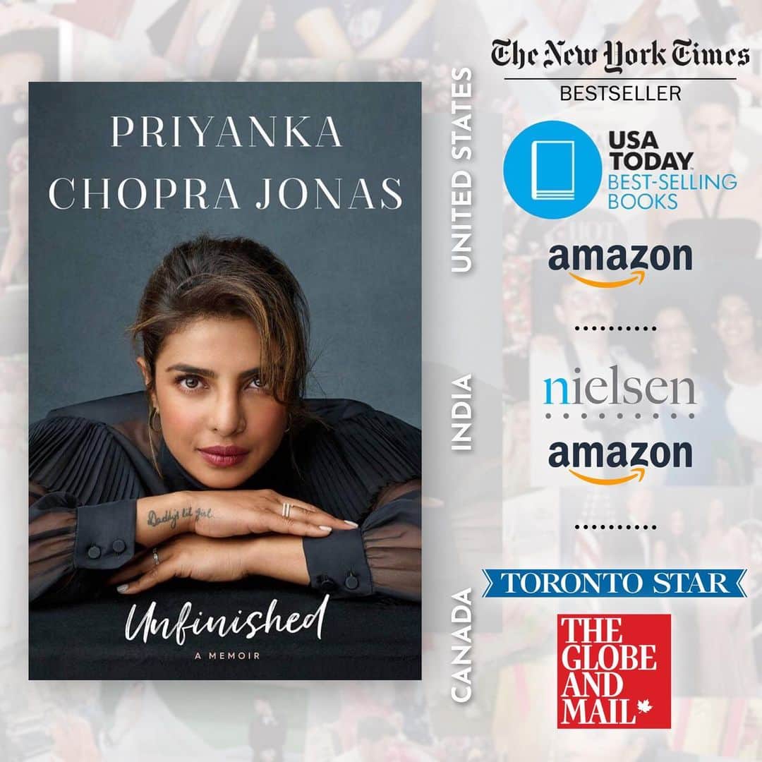 プリヤンカー・チョープラーのインスタグラム：「#Unfinished Best Seller lists...still in disbelief! 🤍  @penguinrandomhouse  @randomhouse  @penguinindia  @penguinukbooks  @prhaudio  @michaeljbooks」